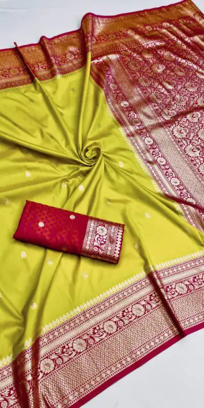 Alternative view of Elegant Parrot Green Soft Banarasi Silk Zari Moti Work Saree