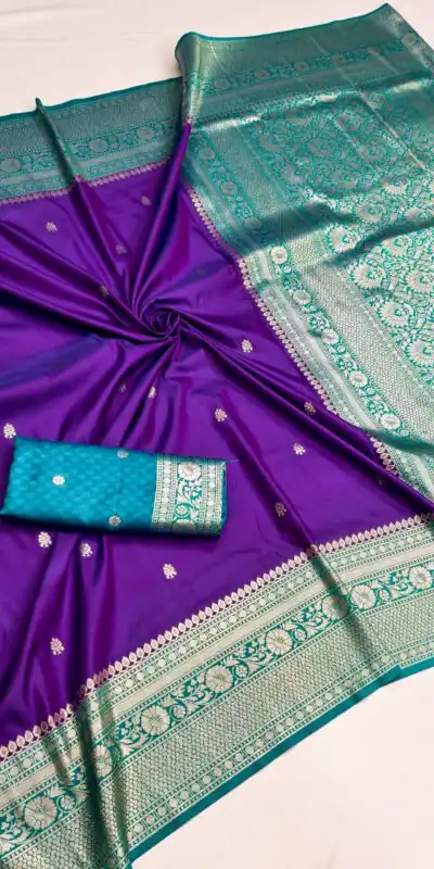 Alternative view of Elegant Purple Soft Banarasi Silk Zari Moti Work Saree