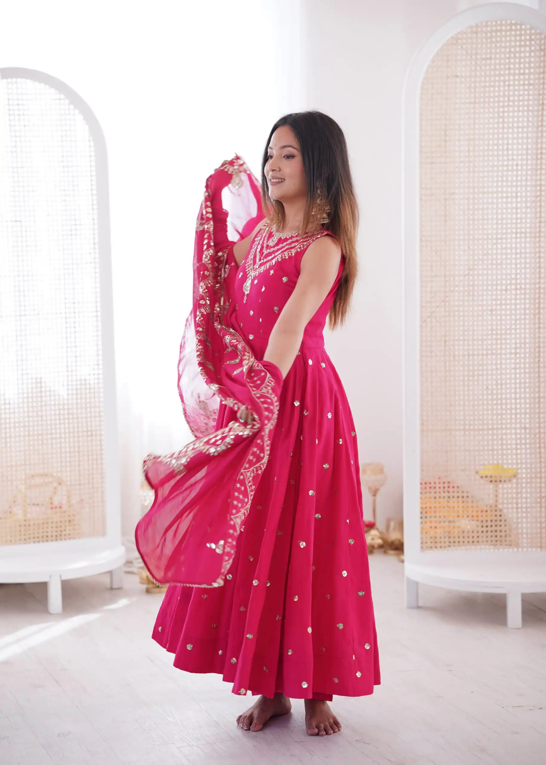 Elegant Rani Pink Roman Silk Embroidery Work Gown - Image 6
