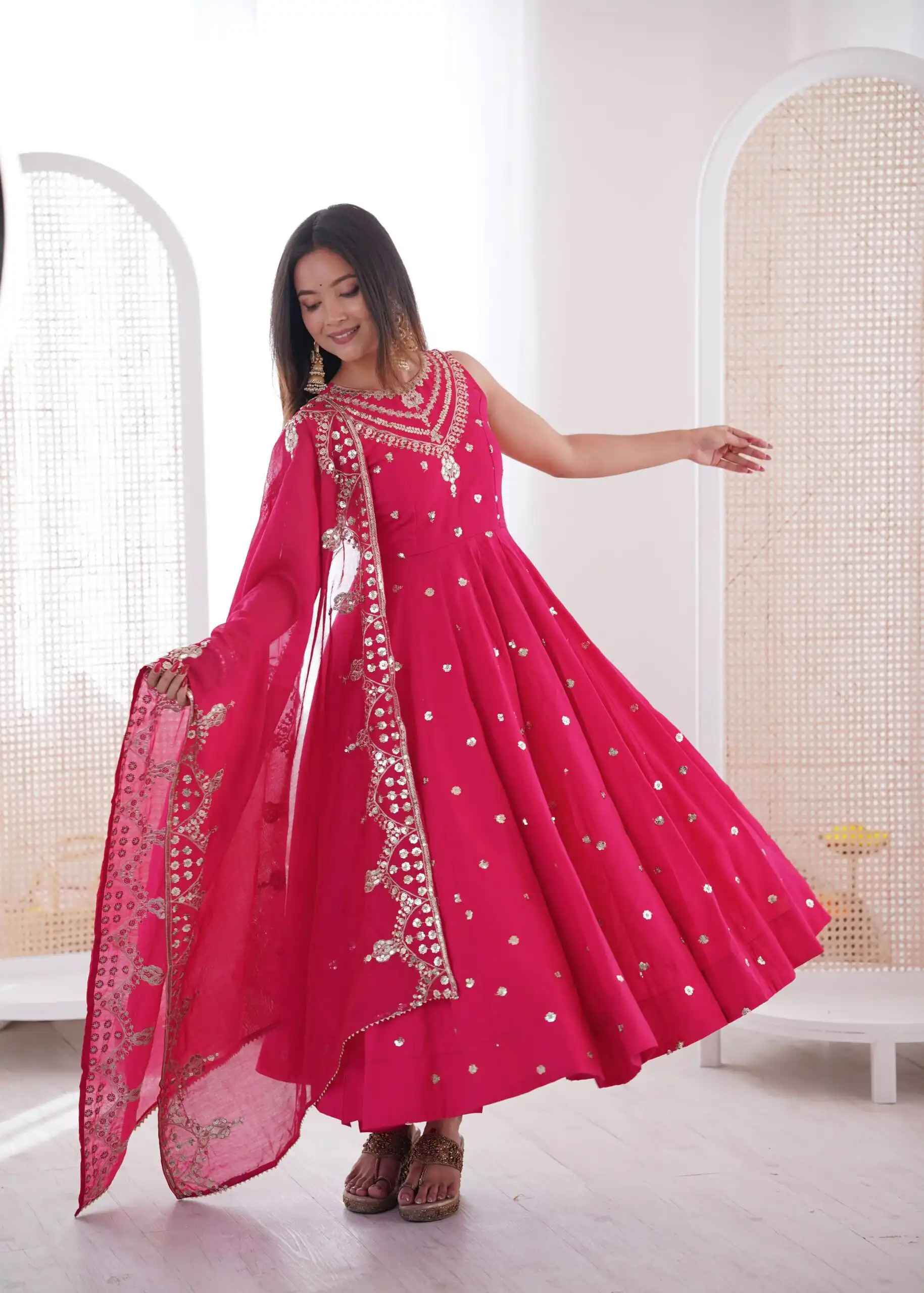 Elegant Rani Pink Roman Silk Embroidery Work Gown - Image 2