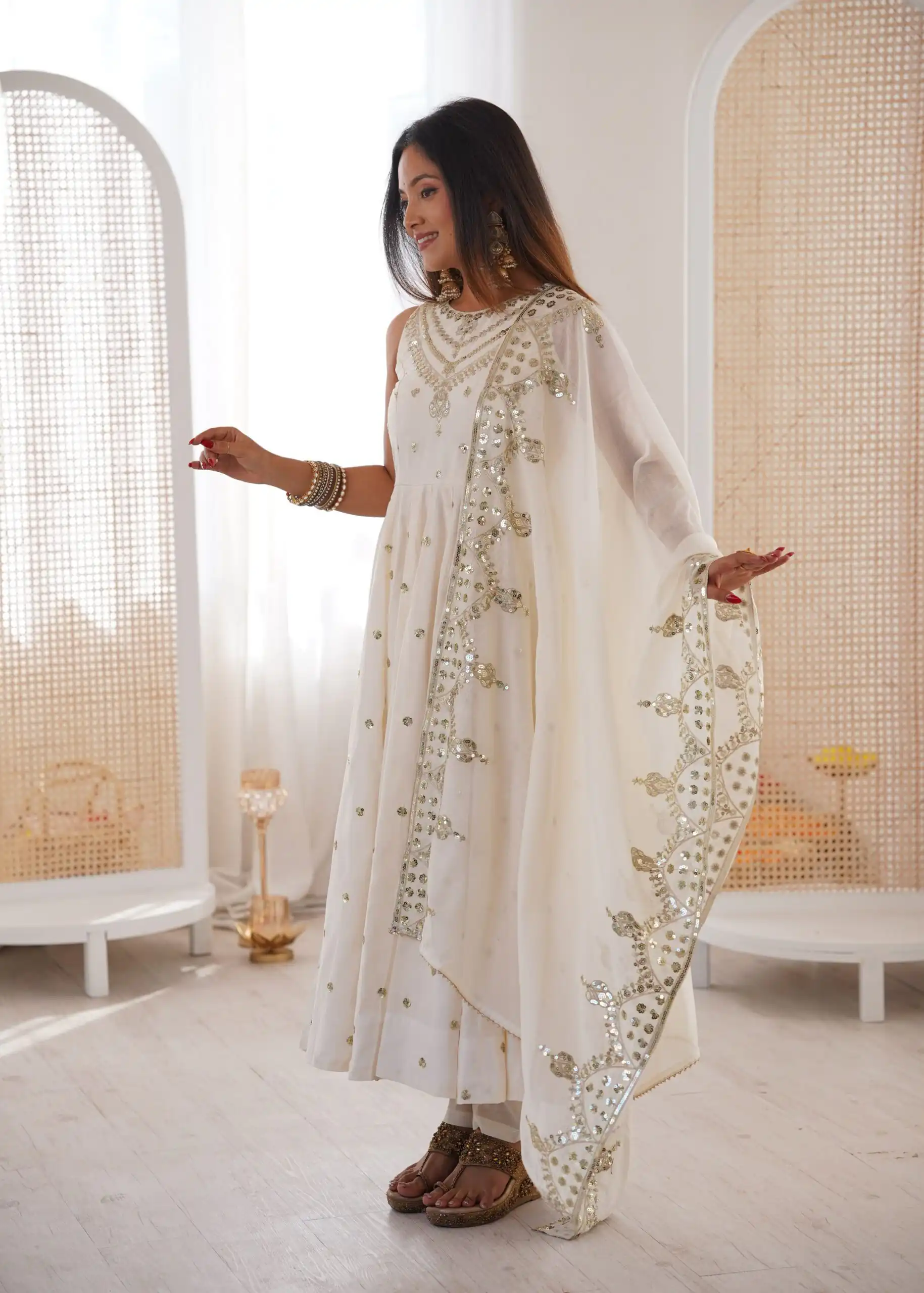 Elegant White Roman Silk Embroidery Work Gown - Image 4