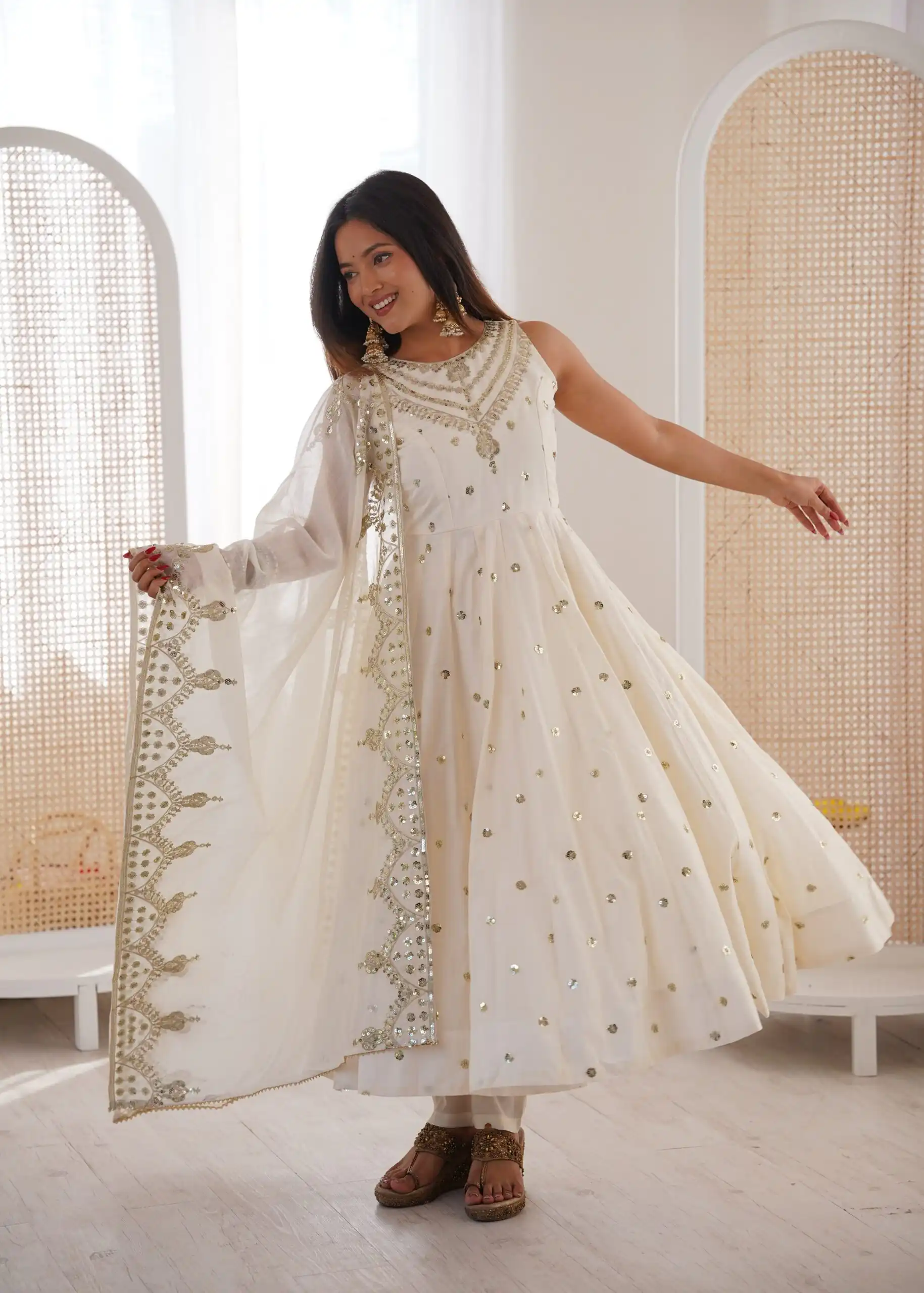 Elegant White Roman Silk Embroidery Work Gown - Image 3