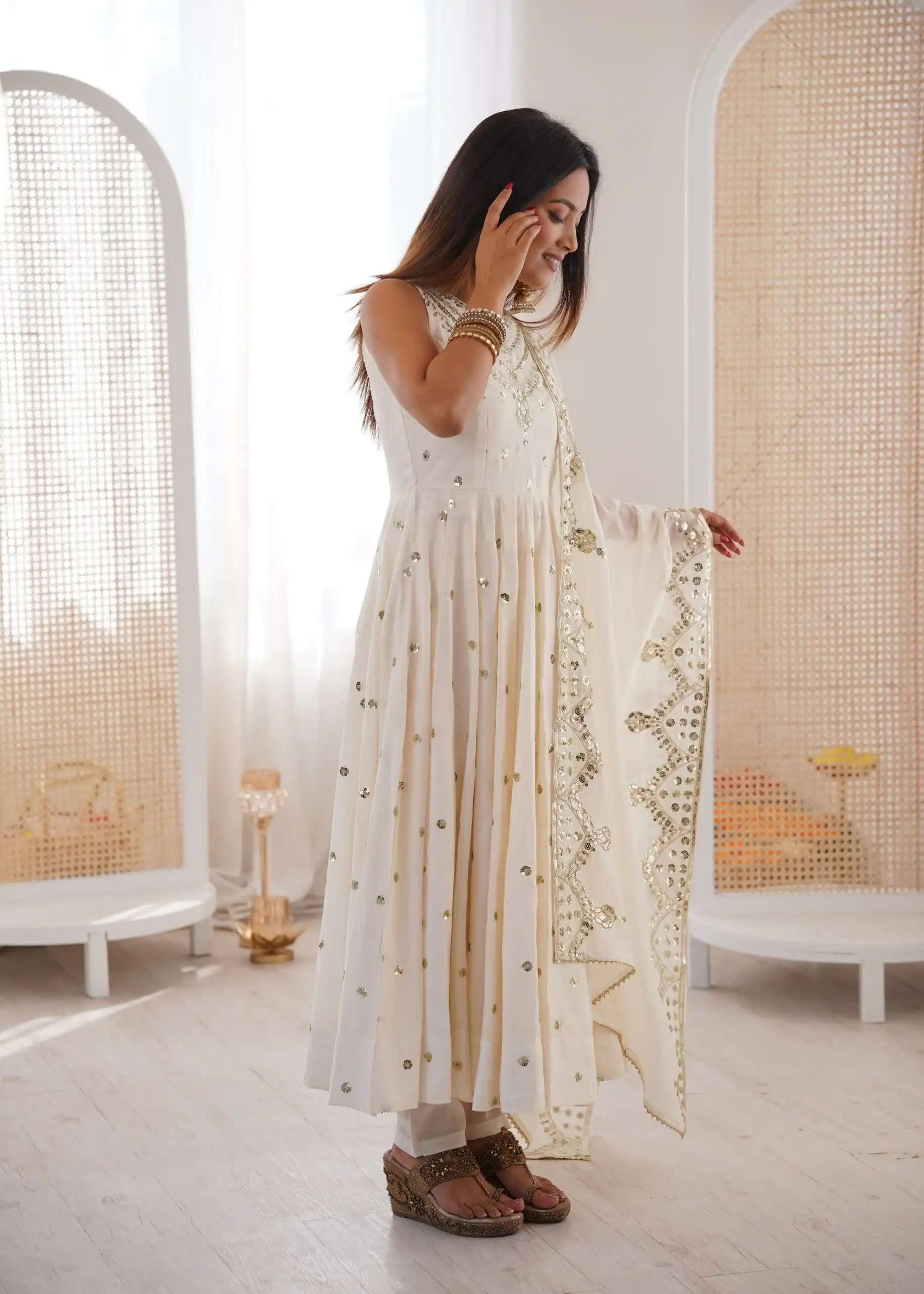Elegant White Roman Silk Embroidery Work Gown - Image 5