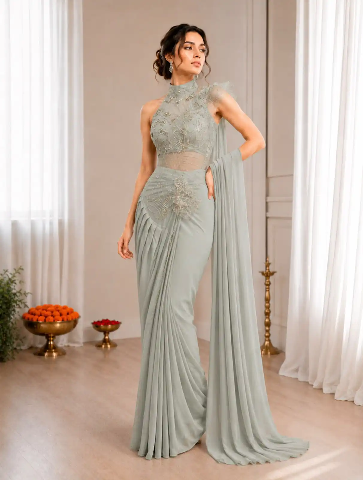 Fancy Grey Crep Silk Sequins Embroidery Work Saree