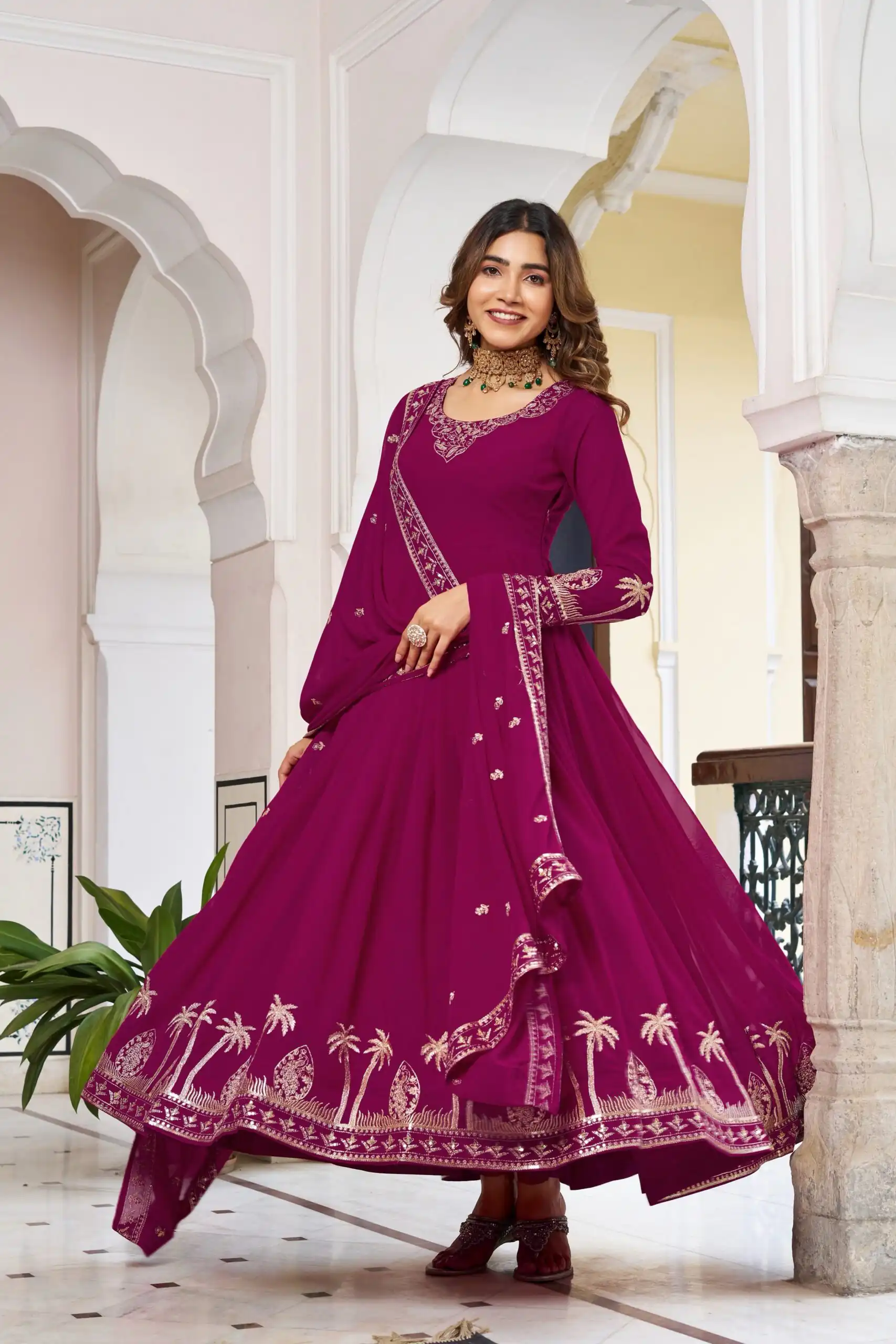 Fancy Pink Faux Georgette Sequence Work Anarkali Suit - Image 2