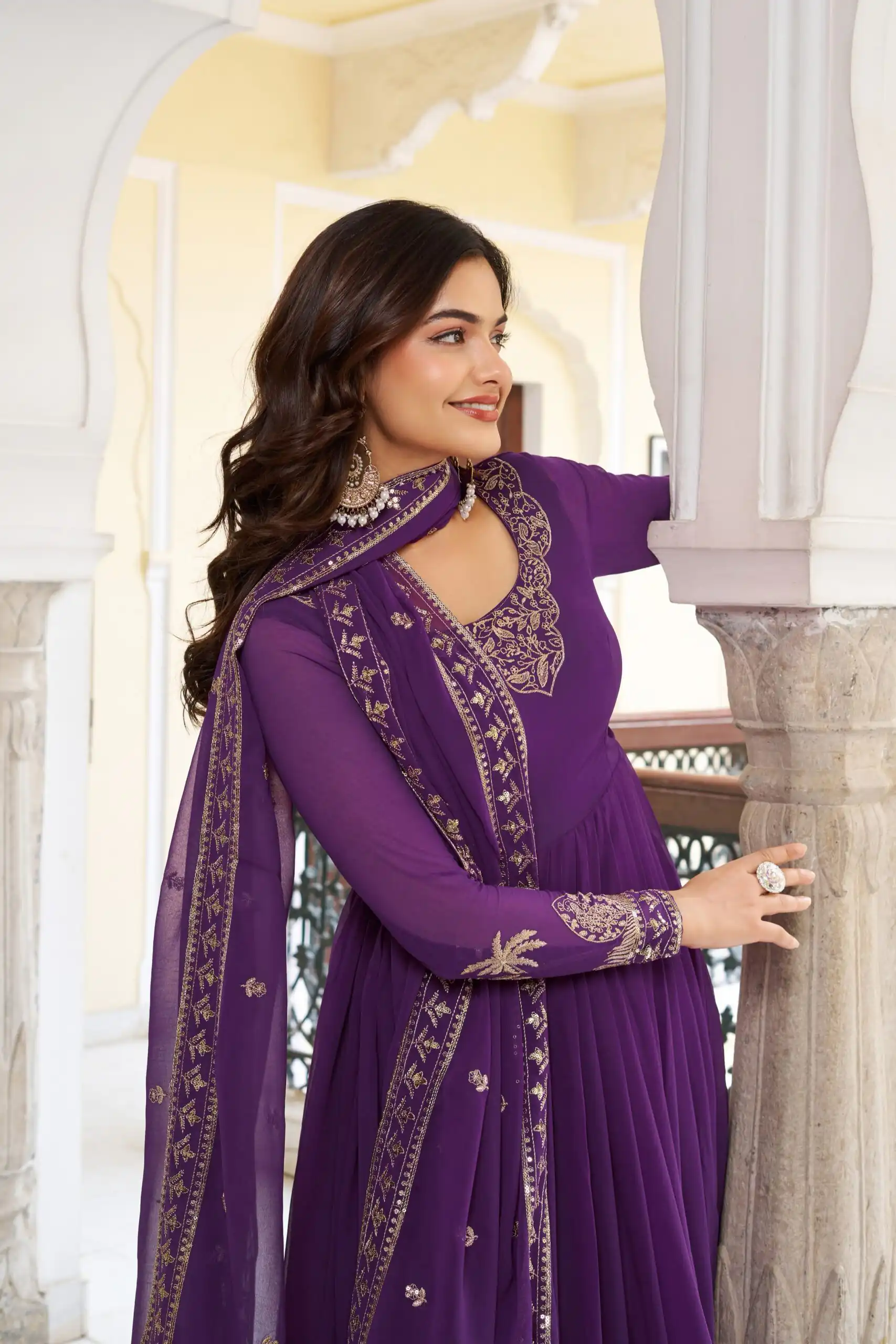 Fancy Purple Faux Georgette Sequence Work Anarkali Suit - Image 5