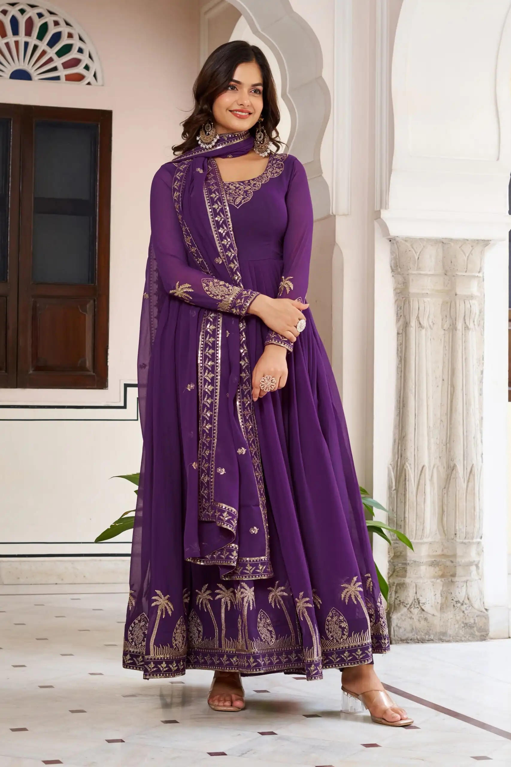 Fancy Purple Faux Georgette Sequence Work Anarkali Suit - Image 3
