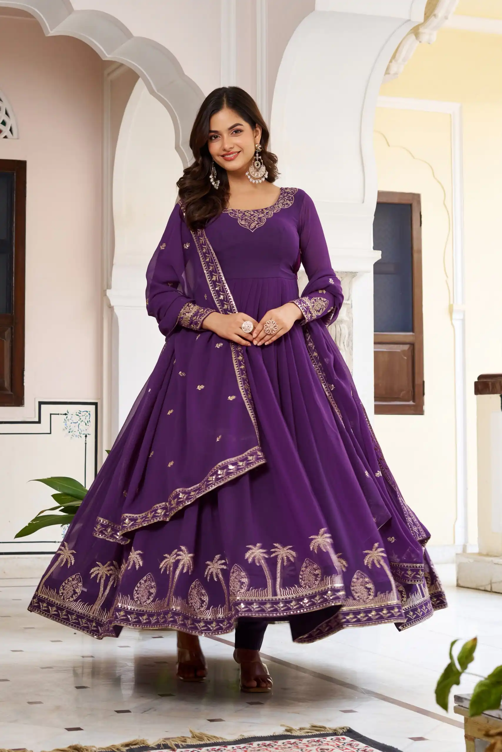 Fancy Purple Faux Georgette Sequence Work Anarkali Suit - Image 2