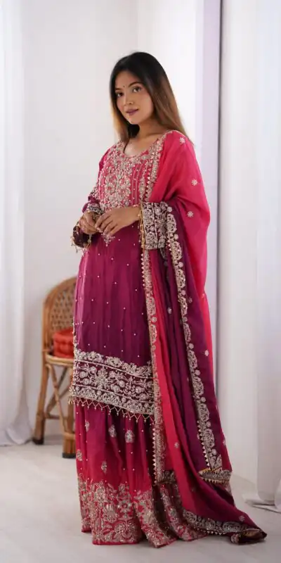 Alternative view of Fancy Red Chinon Silk Sequence Work Salwar Suit