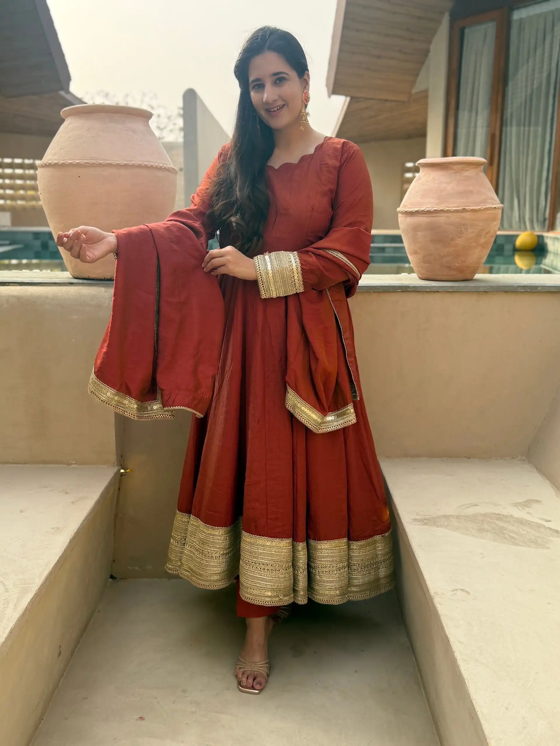 Fancy Rust NC Vichitra Embroidery Work Anarkali Suit - Image 6