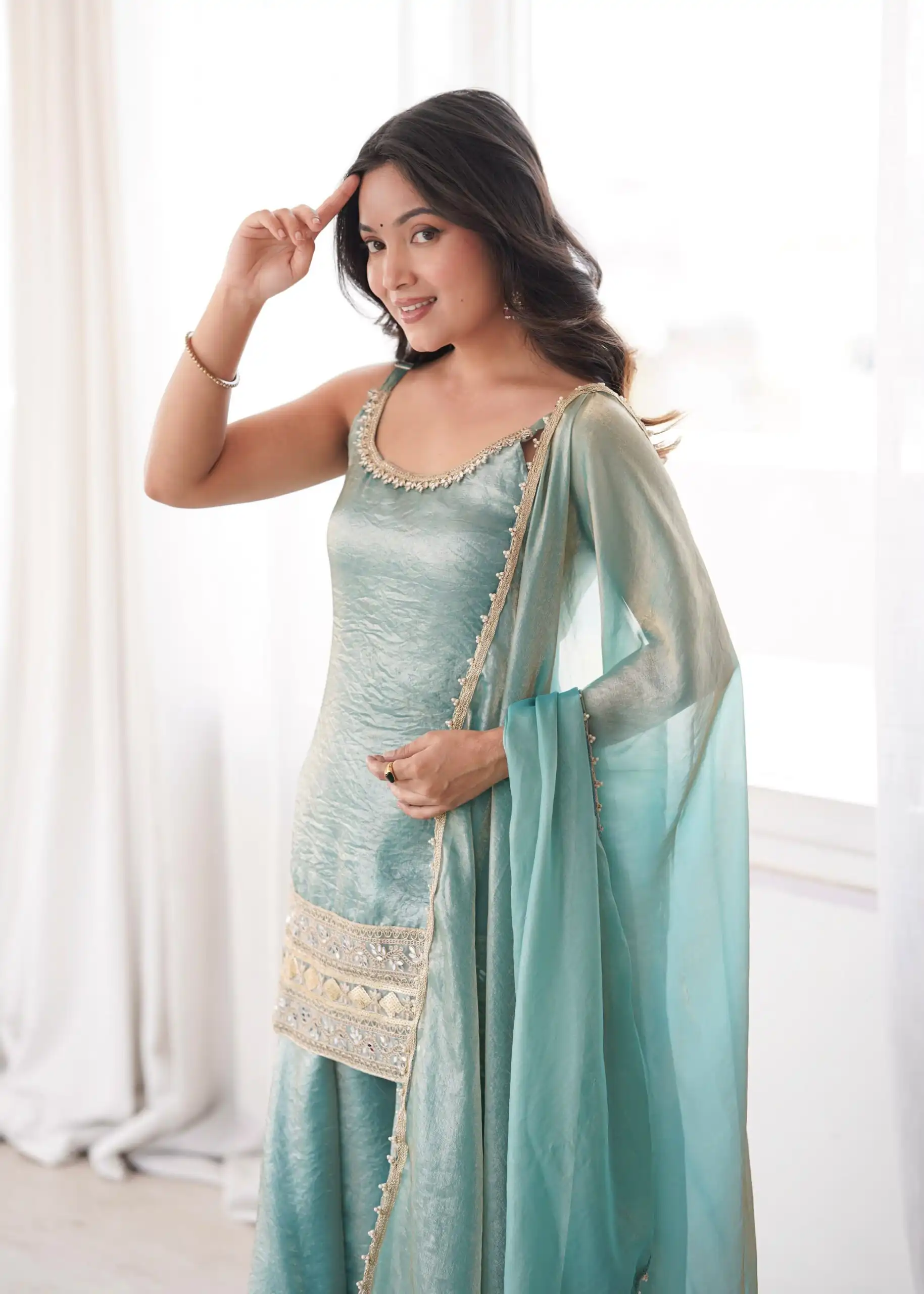 Fancy Sea Green Doremon Crush Embroider Work Salwar Suit - Image 11
