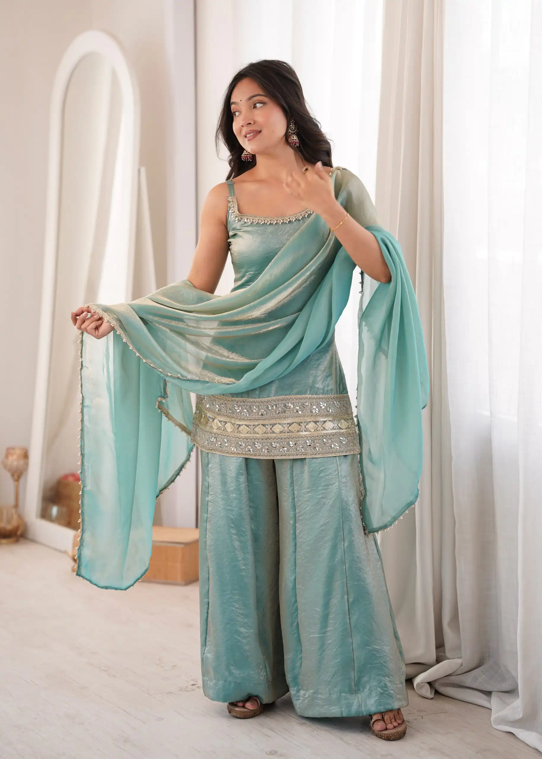 Fancy Sea Green Doremon Crush Embroider Work Salwar Suit - Image 3