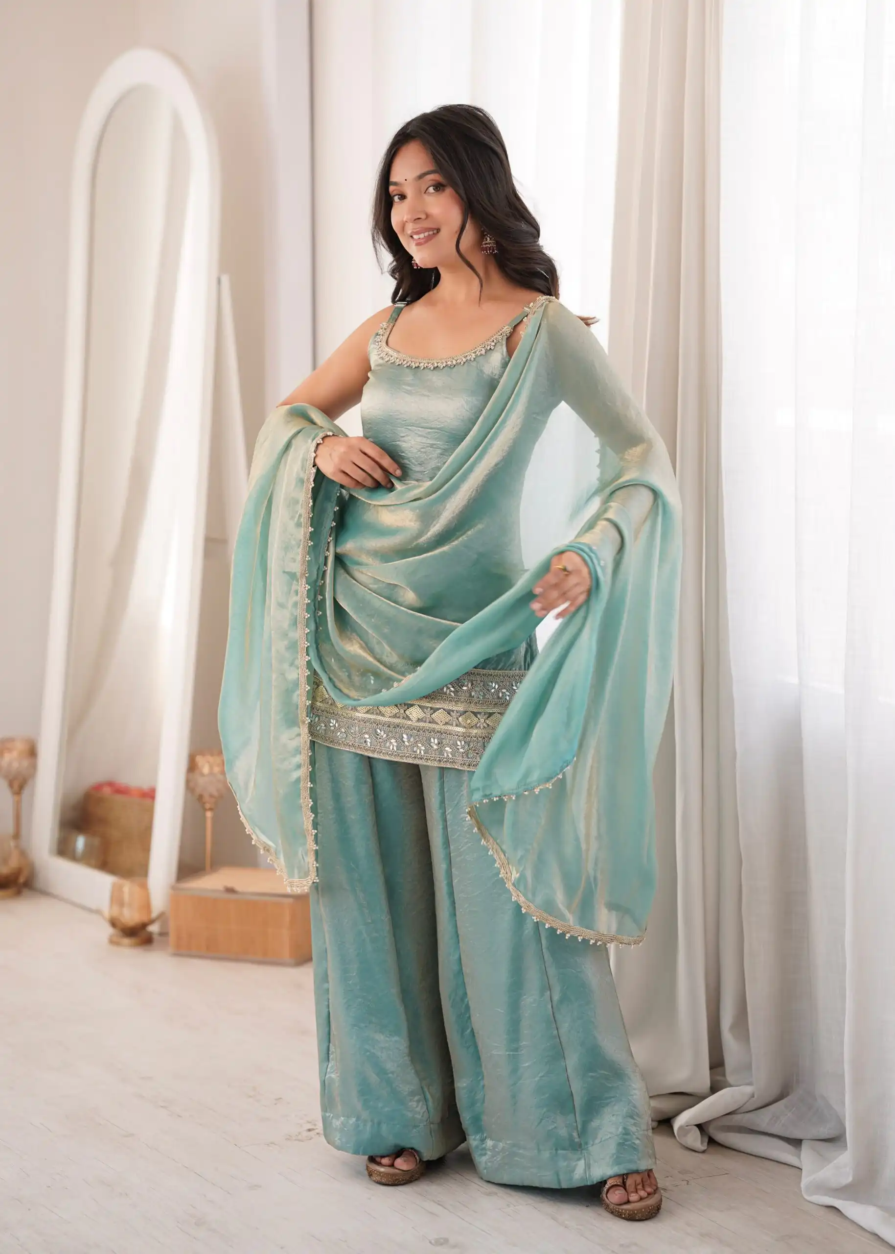 Fancy Sea Green Doremon Crush Embroider Work Salwar Suit - Image 2