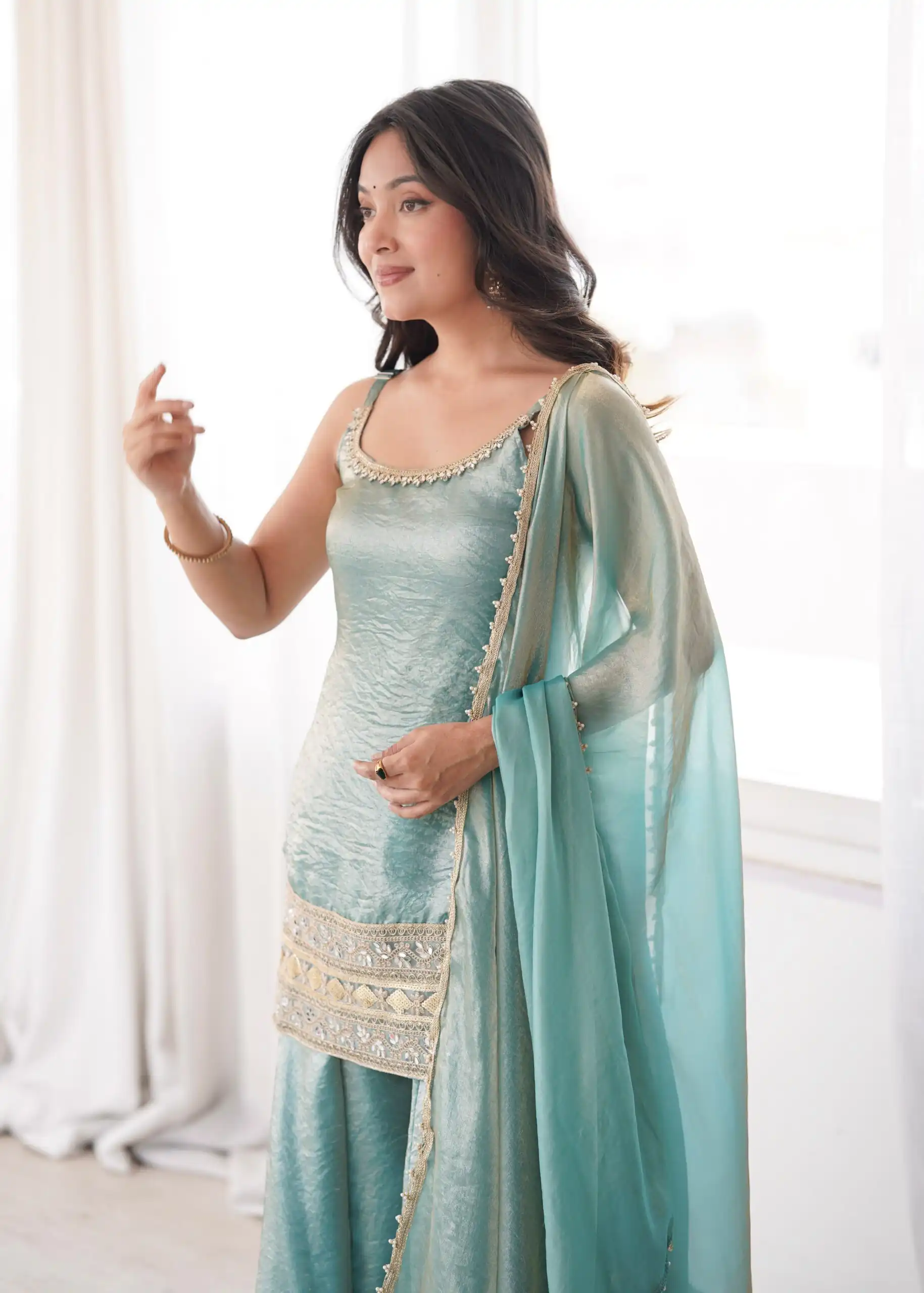 Fancy Sea Green Doremon Crush Embroider Work Salwar Suit - Image 12