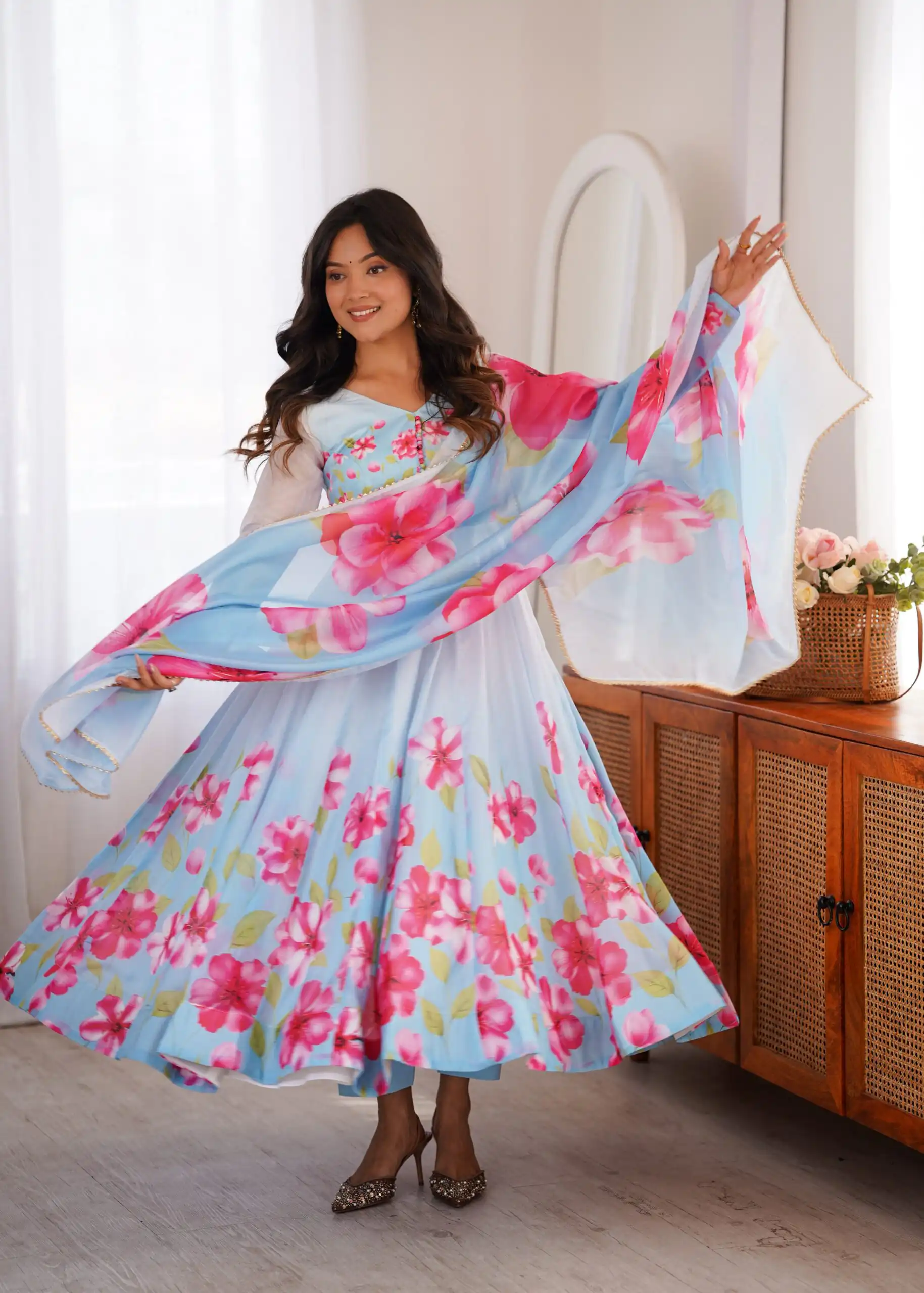 Fancy Sky Blue Organza Silk Gotta Patti Work Anarkali Suit