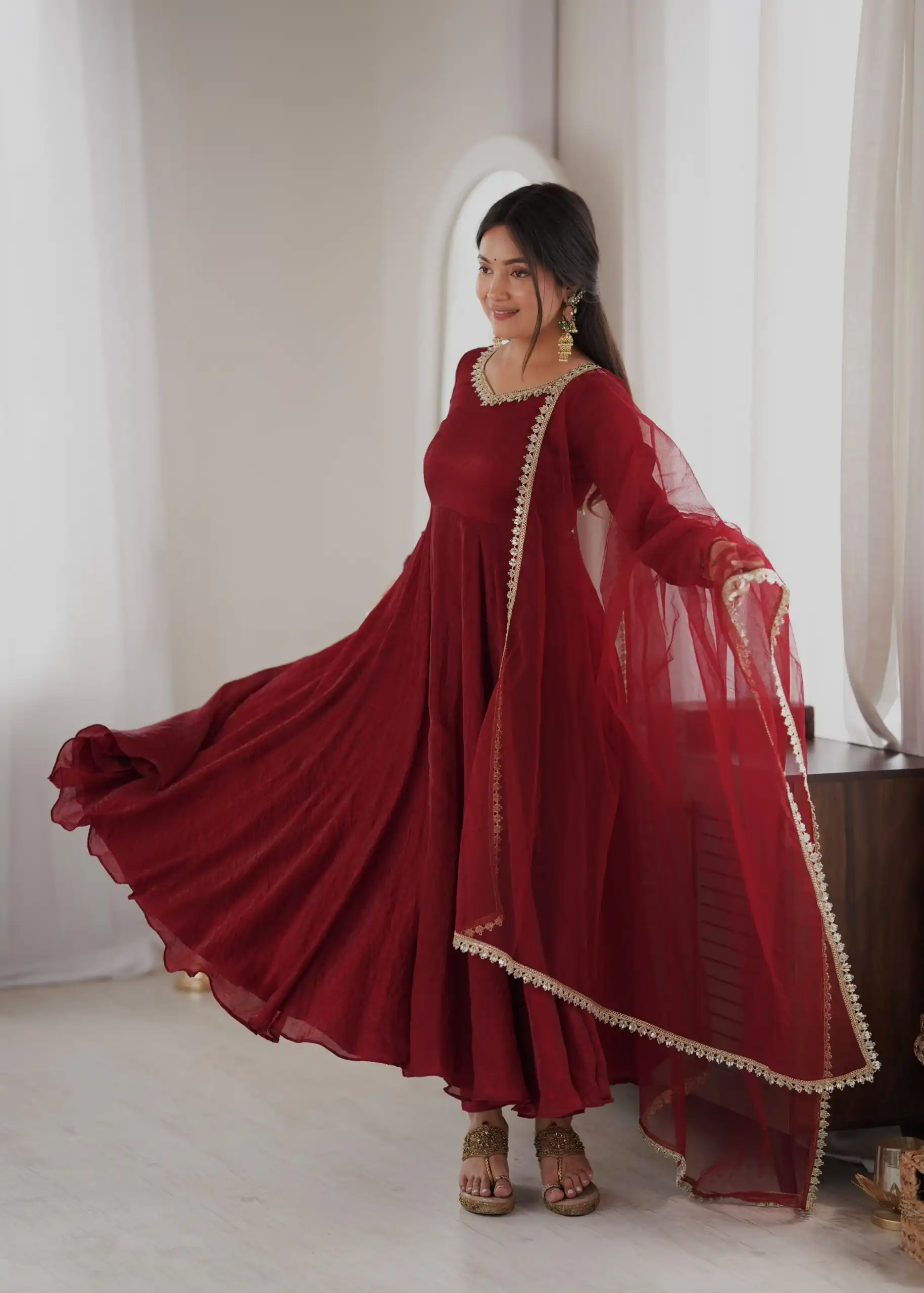 Glowing Maroon Doremon Crush Mirror Work Gown