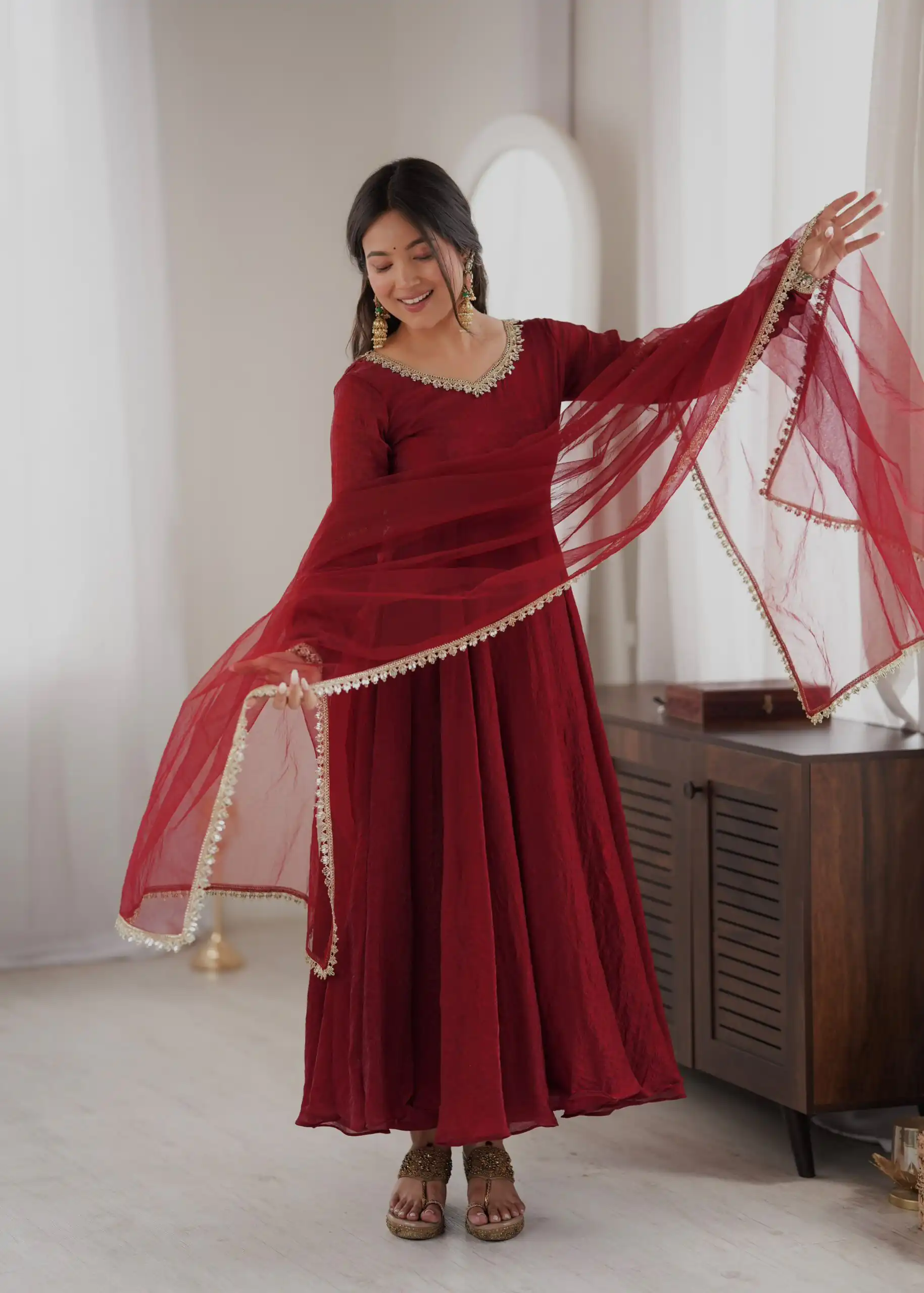 Glowing Maroon Doremon Crush Mirror Work Gown - Image 11