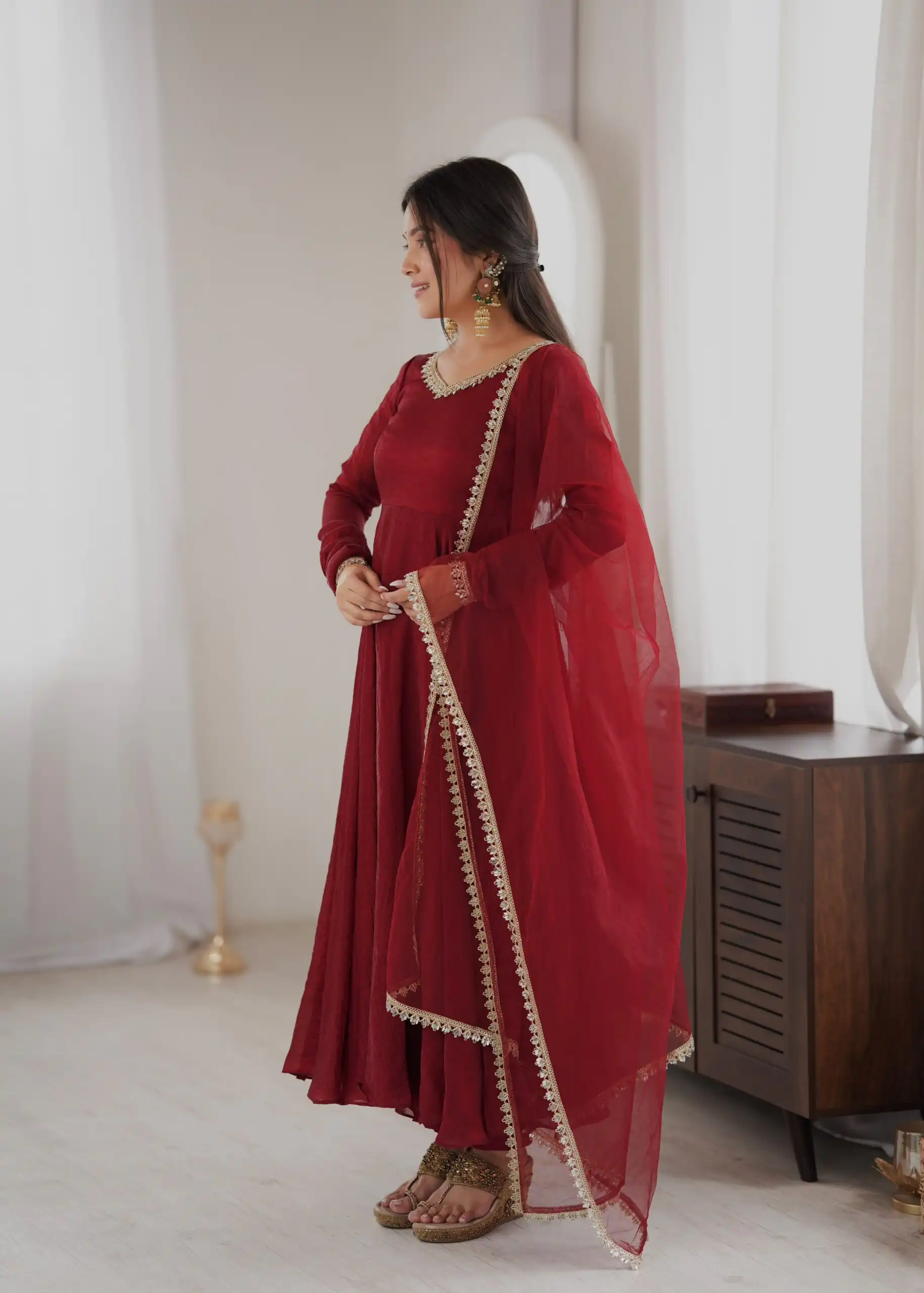 Glowing Maroon Doremon Crush Mirror Work Gown - Image 9