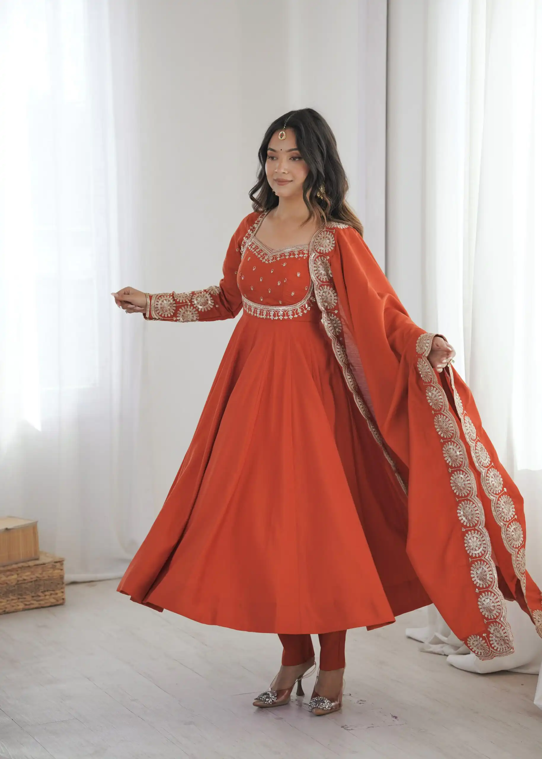 Glowing Orange Roman Silk Embroidery Work Anarkali Suit - Image 9