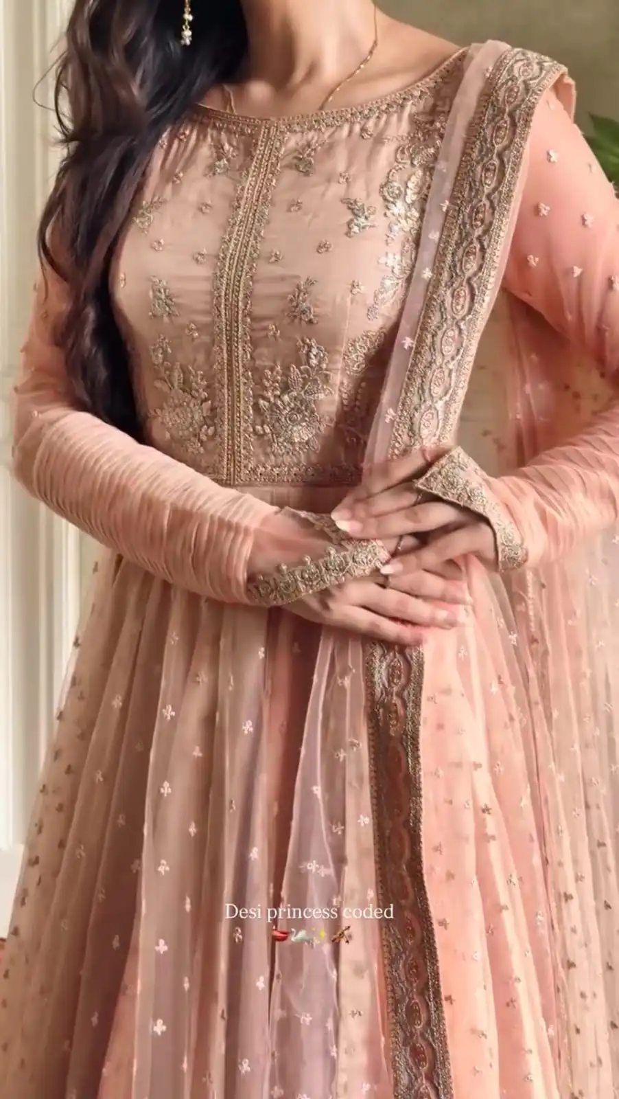 Glowing Peach Faux Georgette Sequins Work Gown