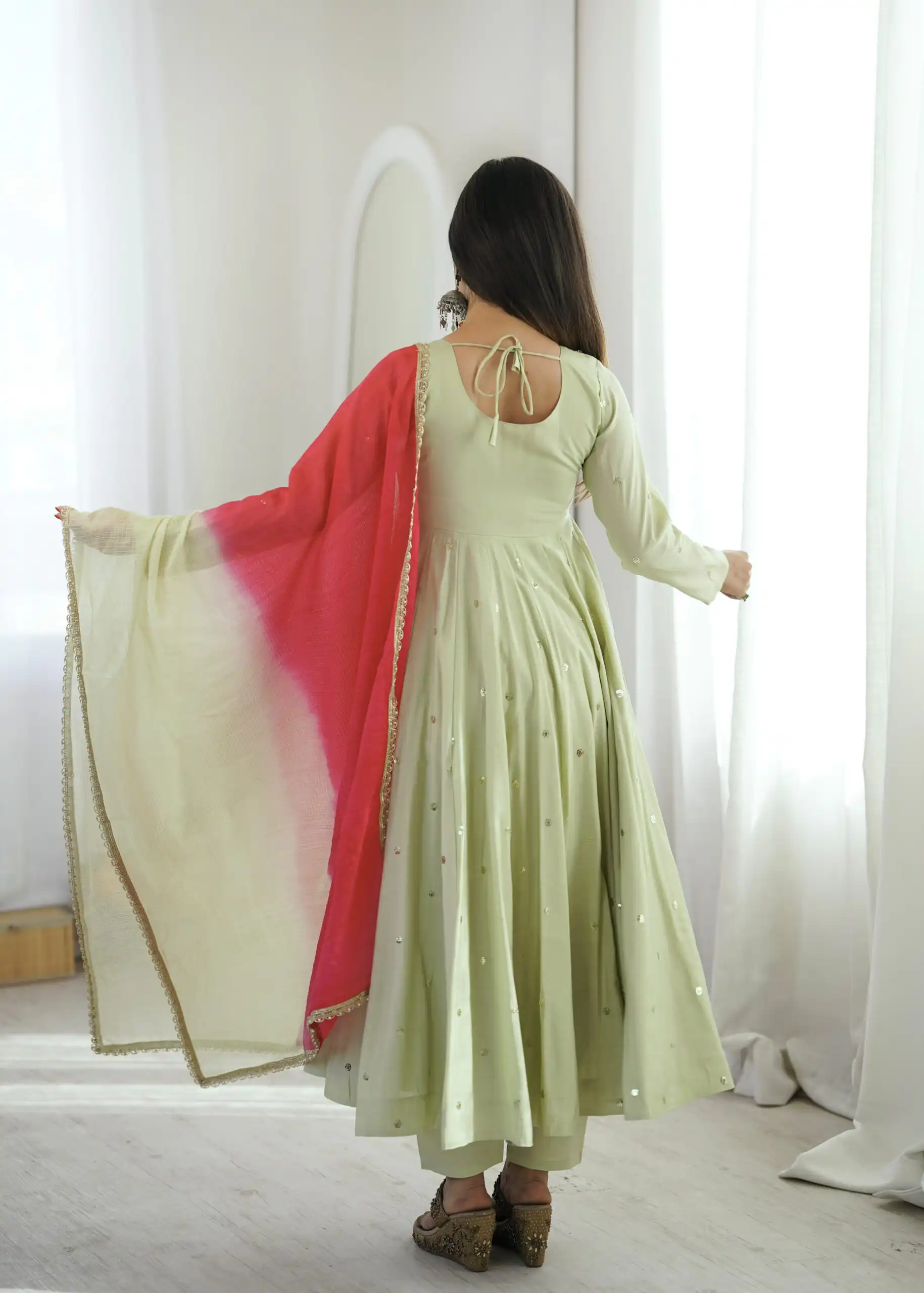 Lovely Pista Roman Silk Mirror Embroidery Work Gown - Image 6