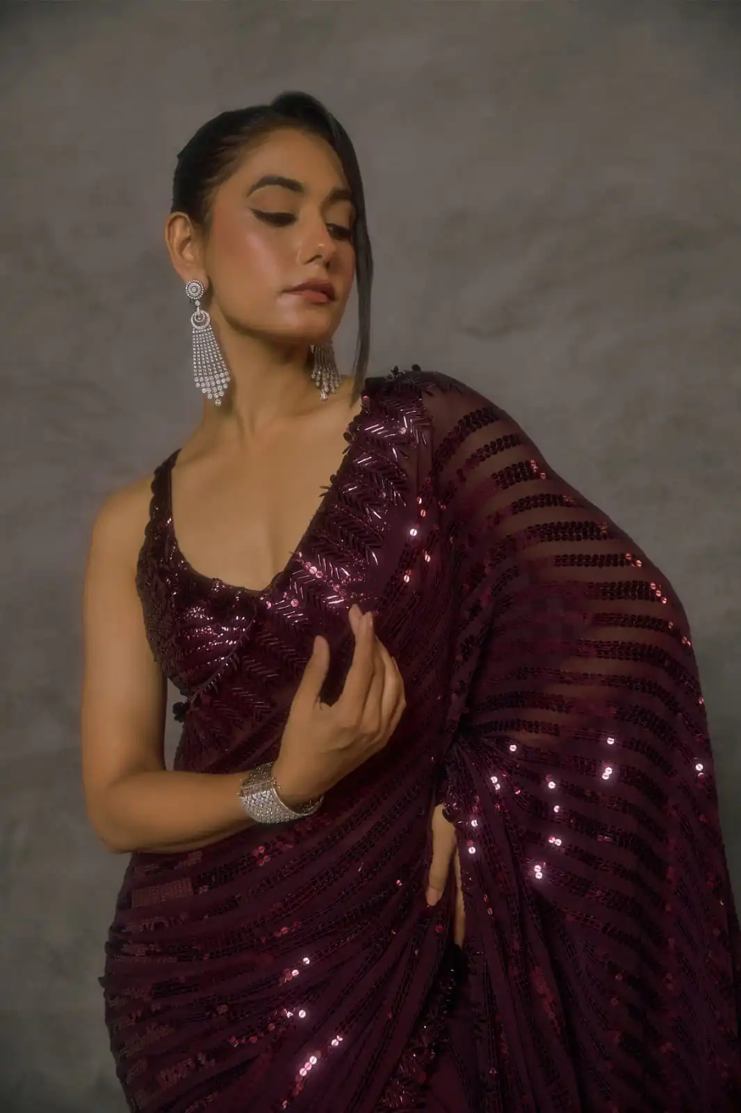 Magical Wine Faux Georgette Embroider Work Saree - Image 5