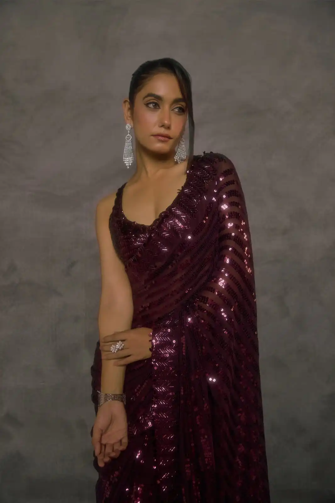 Magical Wine Faux Georgette Embroider Work Saree - Image 4