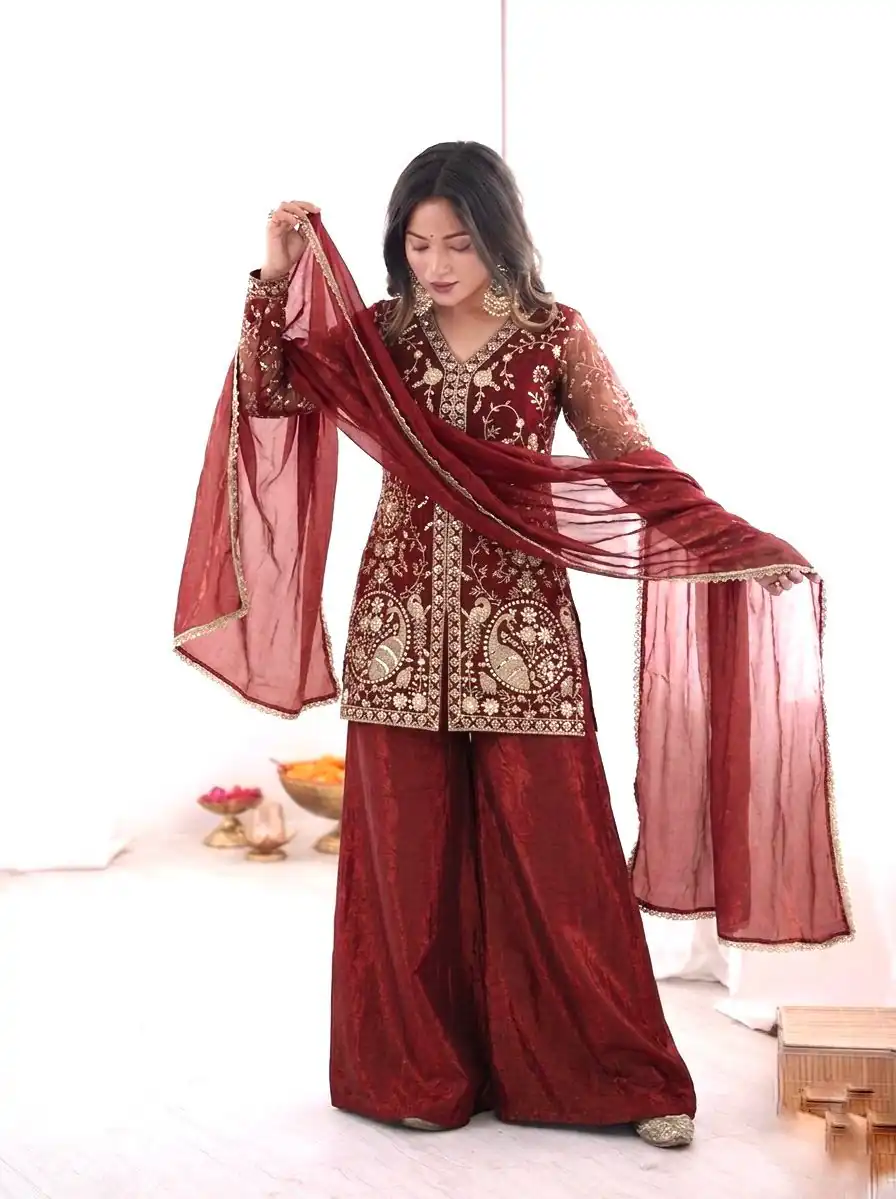 Nice Rust Pure Fendy Silk With Embroidery Salwar Suit - Image 2