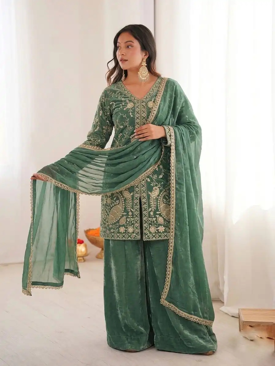 Nice Sea Green Pure Fendy Silk With Embroidery Salwar Suit - Image 3