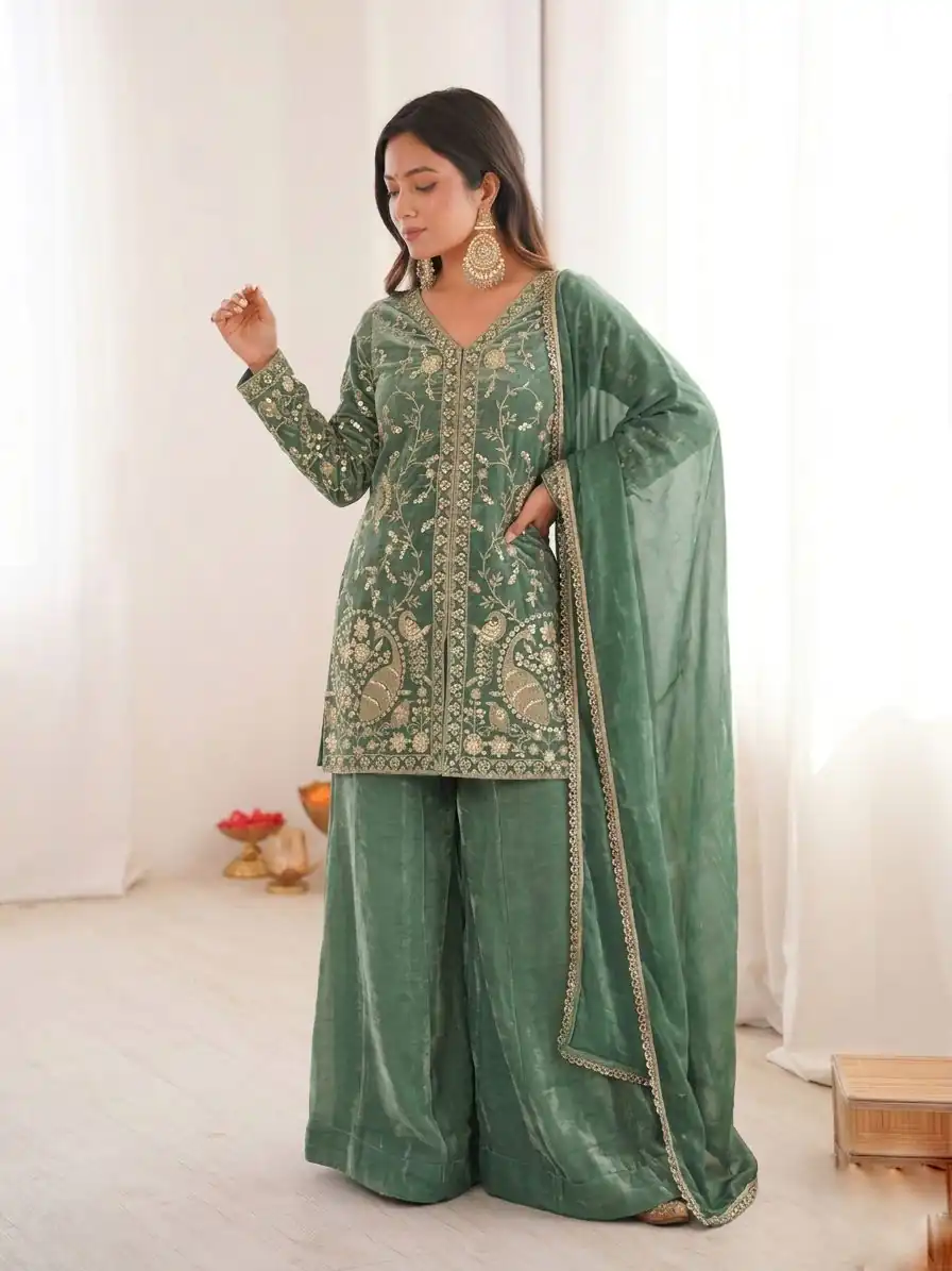 Nice Sea Green Pure Fendy Silk With Embroidery Salwar Suit - Image 2