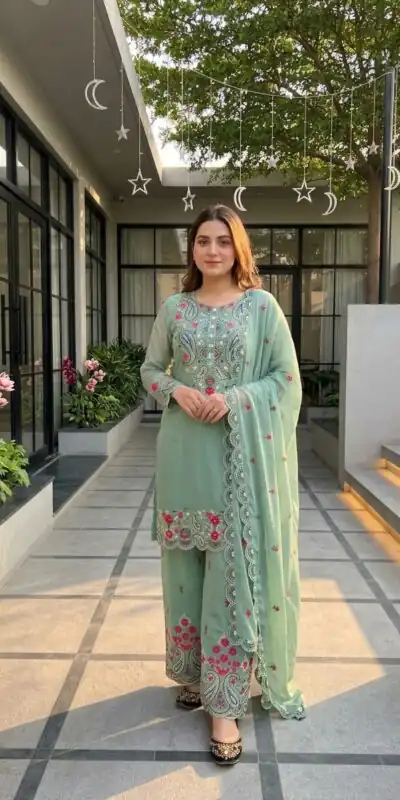Alternative view of Nice Sea Green Roman Silk Sequins Work Sawar Suit