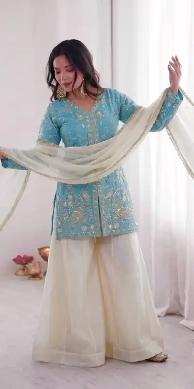 Alternative view of Nice Sky Blue Pure Fendy Silk With Embroidery Salwar Suit