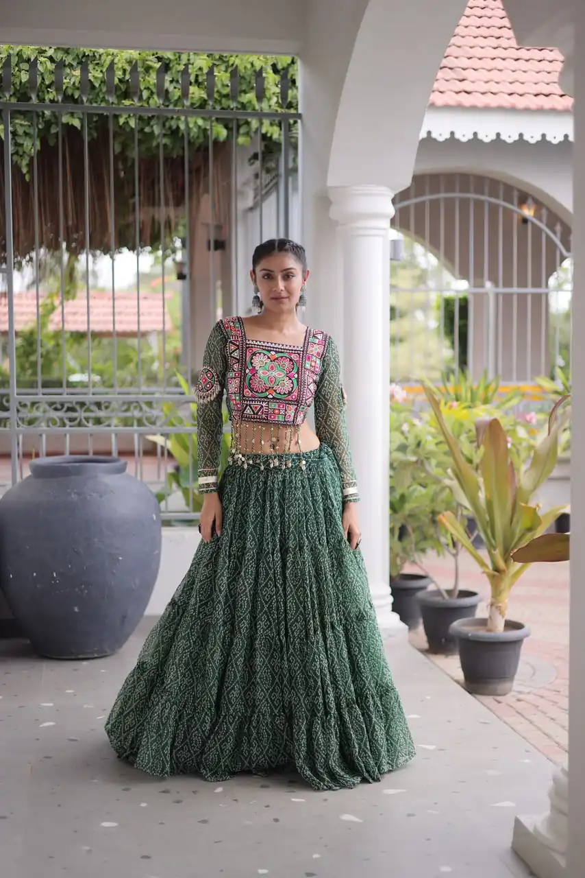 Perfect Green Faux Georgette Print Embroider Work Lehenga Choli - Image 3