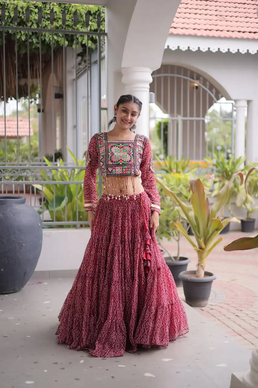 Perfect Maroon Faux Georgette Print Embroider Work Lehenga Choli - Image 5