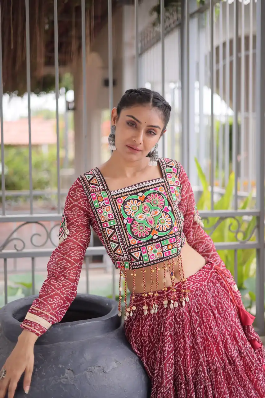 Perfect Maroon Faux Georgette Print Embroider Work Lehenga Choli - Image 4