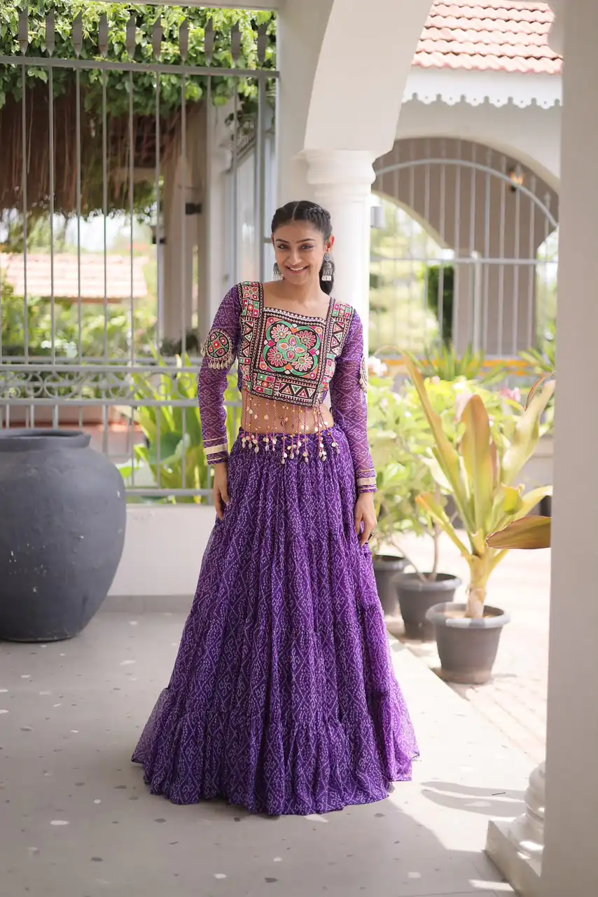 Perfect Purple Faux Georgette Print Embroider Work Lehenga Choli - Image 5