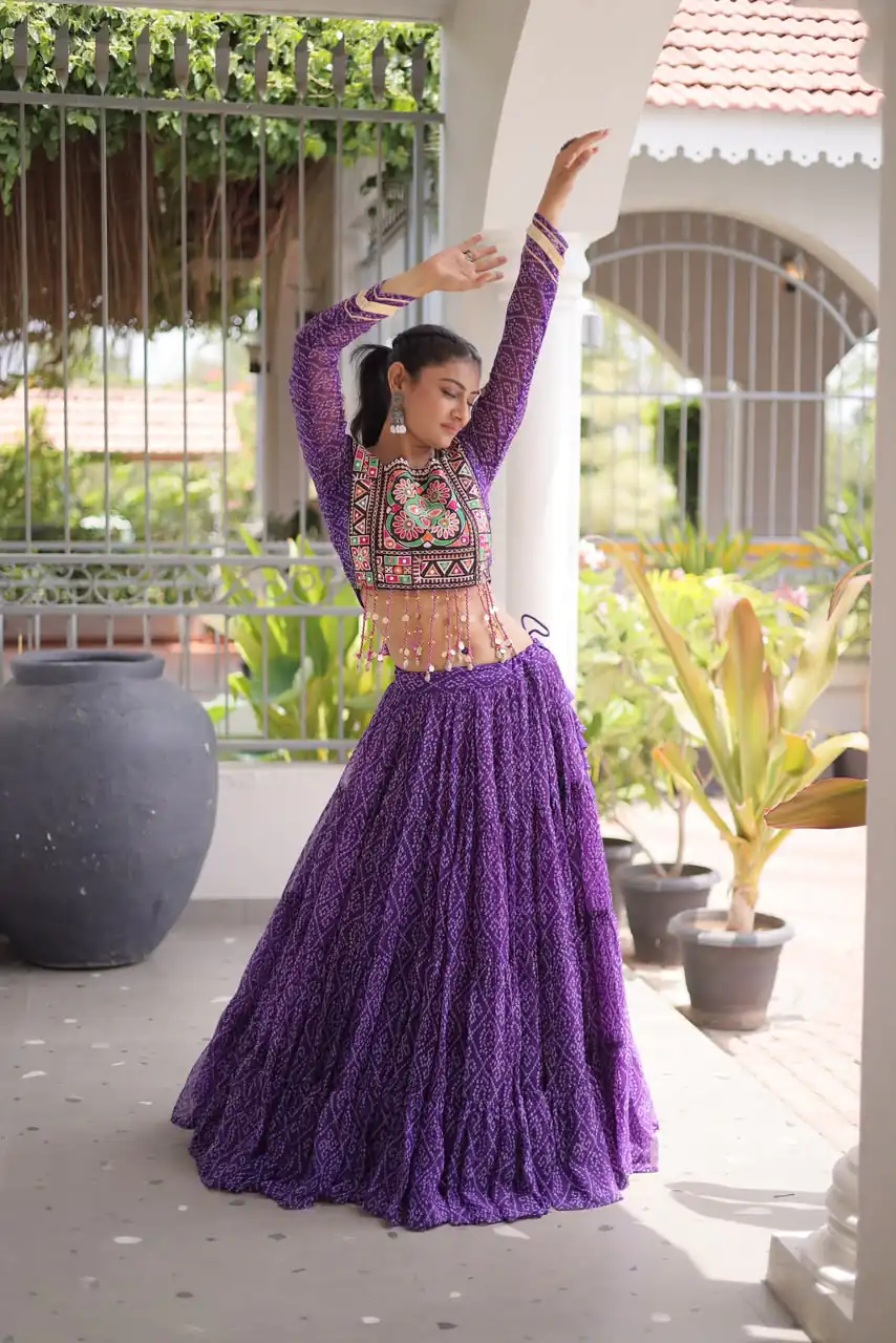 Perfect Purple Faux Georgette Print Embroider Work Lehenga Choli - Image 4