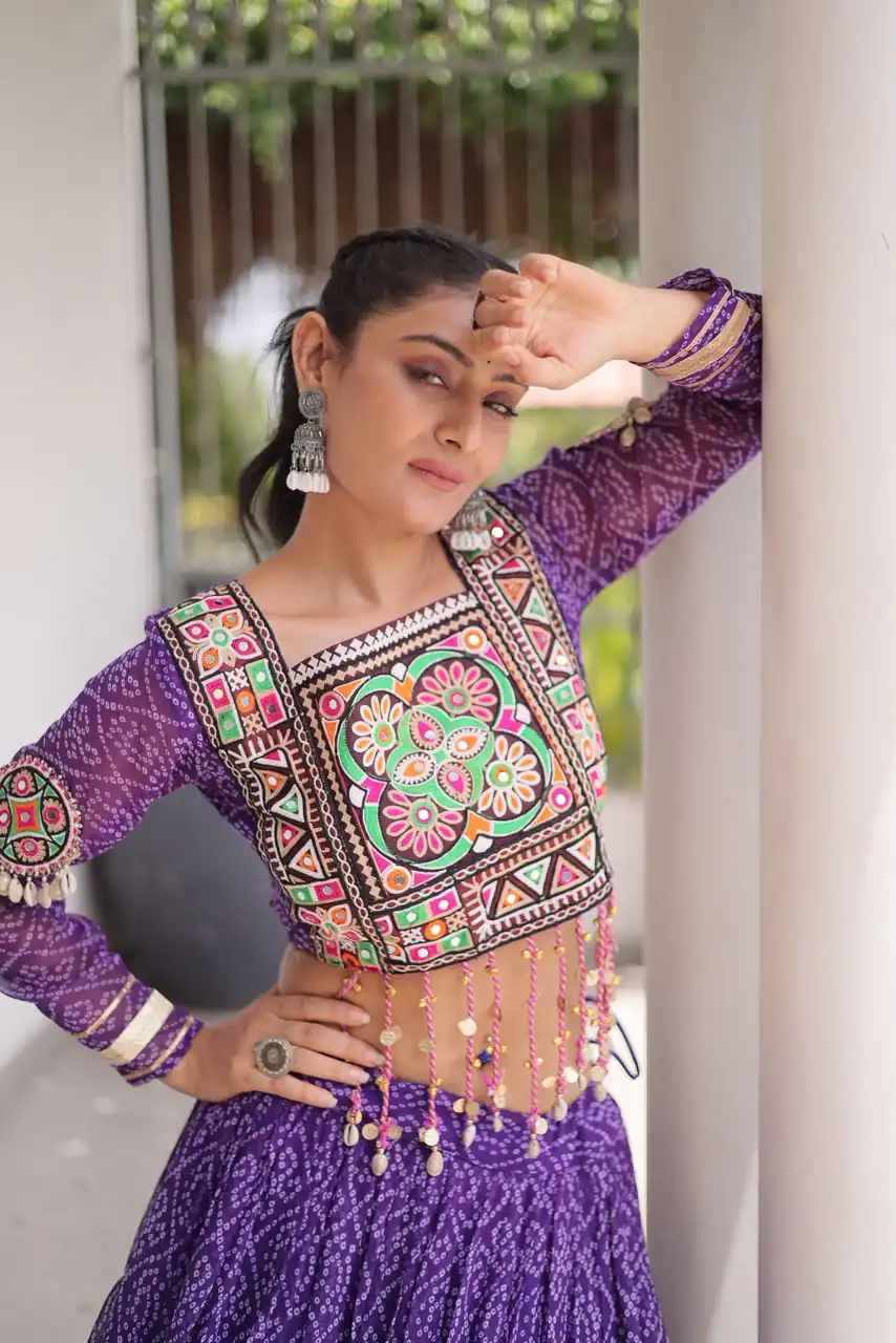 Perfect Purple Faux Georgette Print Embroider Work Lehenga Choli - Image 2