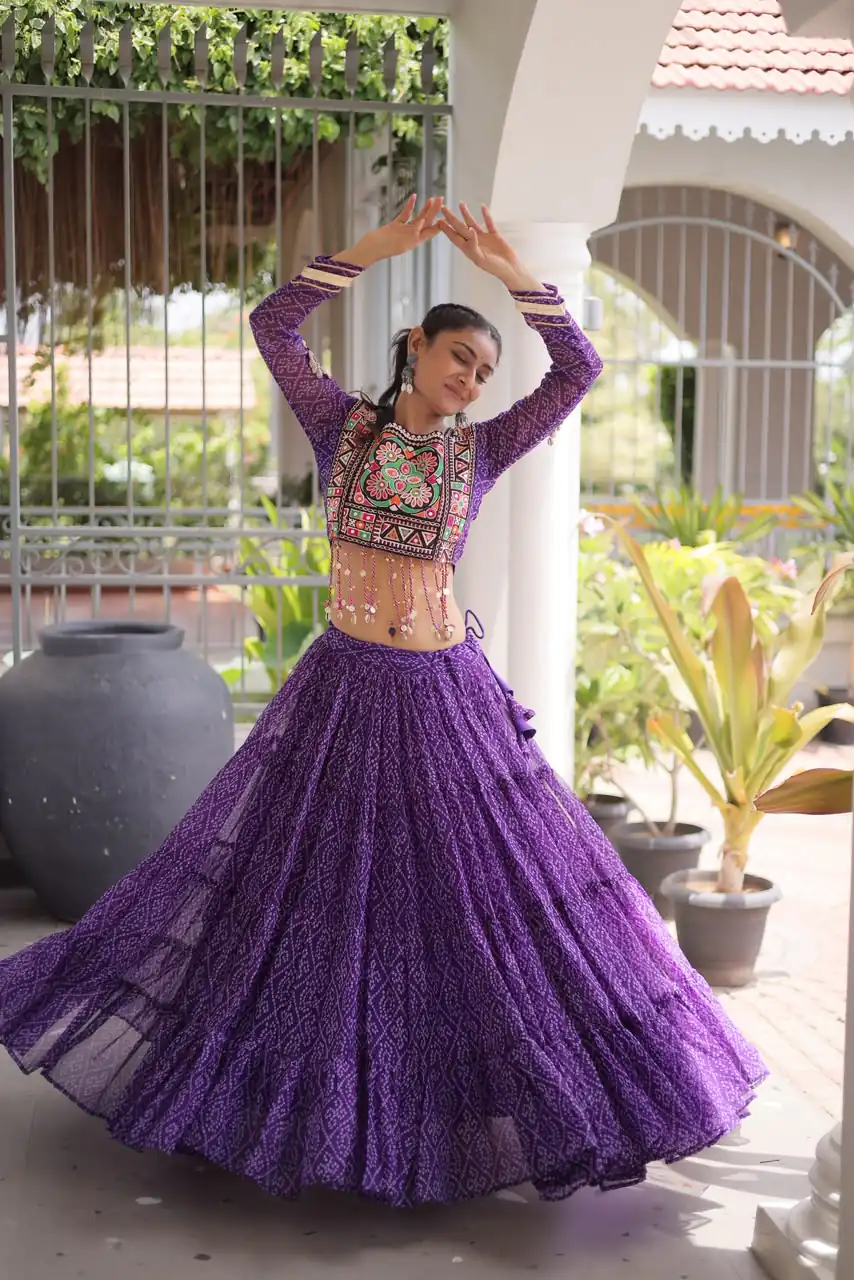 Perfect Purple Faux Georgette Print Embroider Work Lehenga Choli