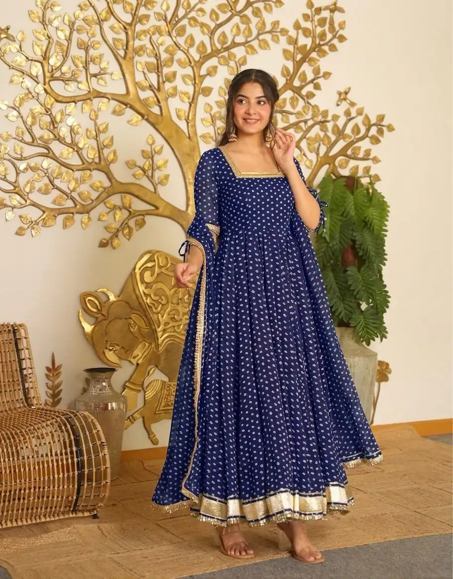 Pretty Navy Blue Faux Georgette Bandhani Print Work Gown - Image 3