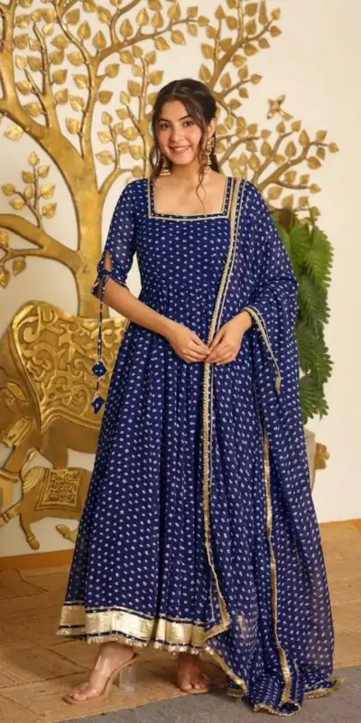 Alternative view of Pretty Navy Blue Faux Georgette Bandhani Print Work Gown