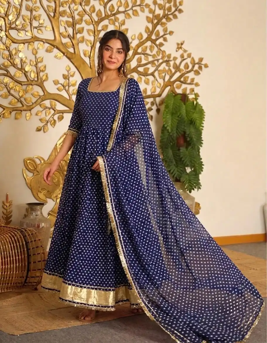 Pretty Navy Blue Faux Georgette Bandhani Print Work Gown