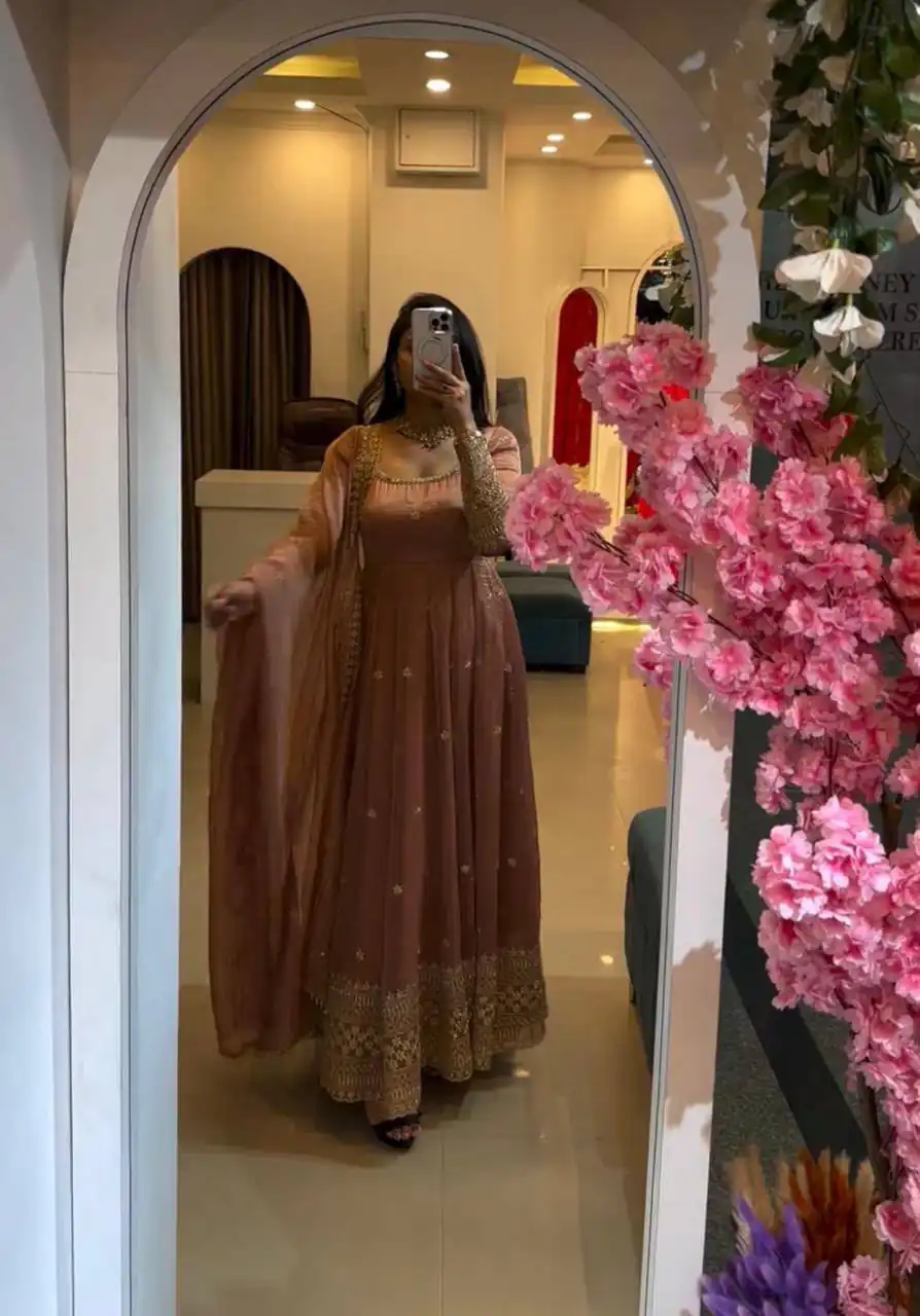 Pretty Pink Gold Crazy Embroidery Sequins Work Gown - Image 2