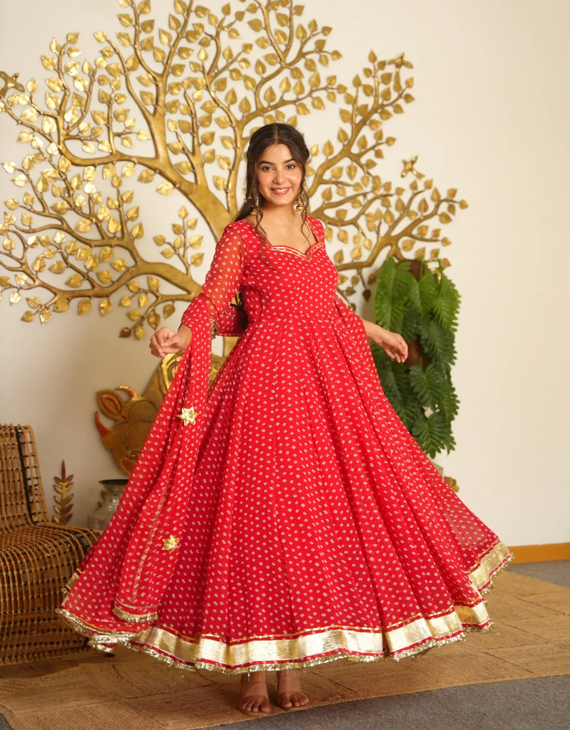 Pretty Red Faux Georgette Bandhani Print Work Gown - Image 2