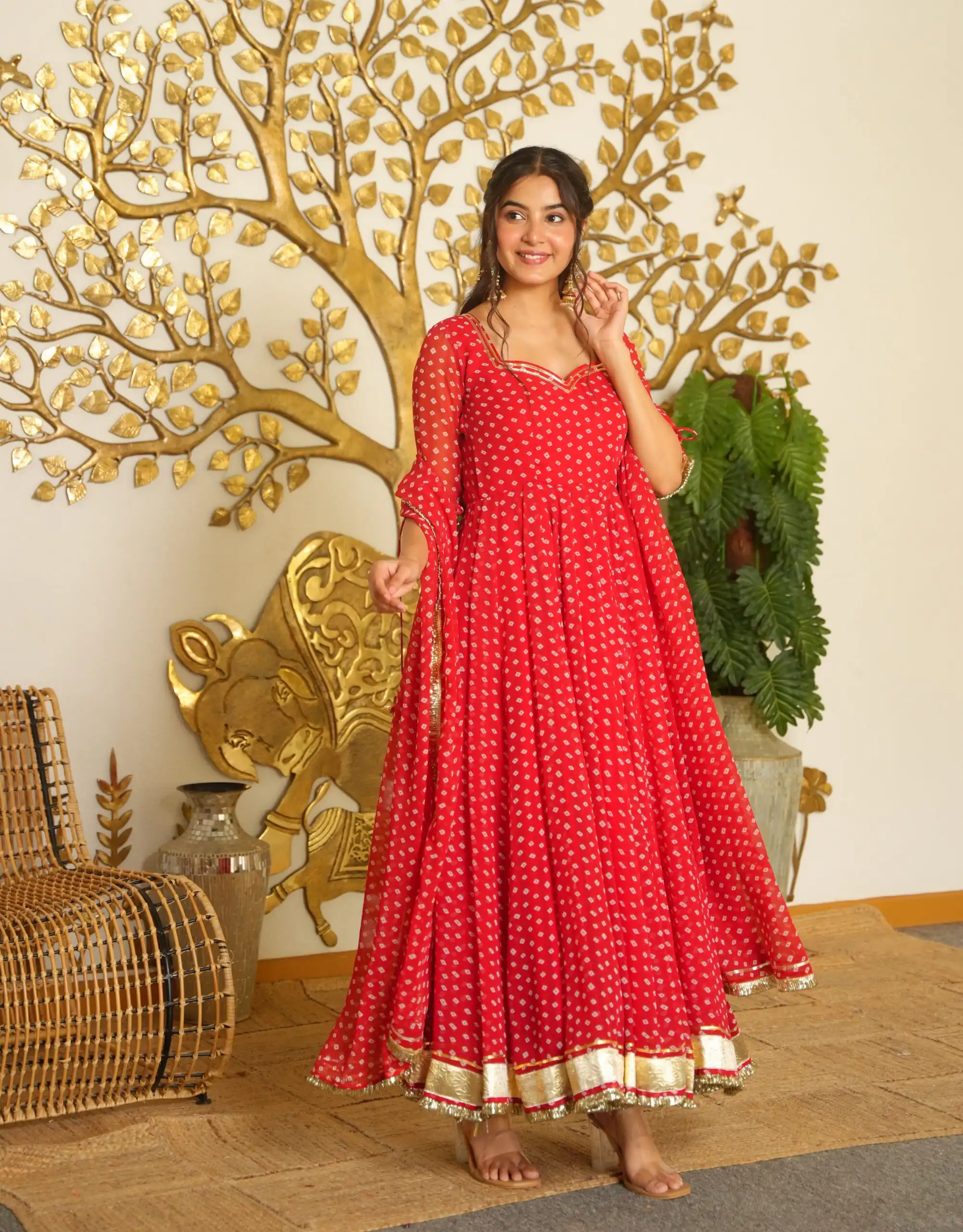 Pretty Red Faux Georgette Bandhani Print Work Gown - Image 4