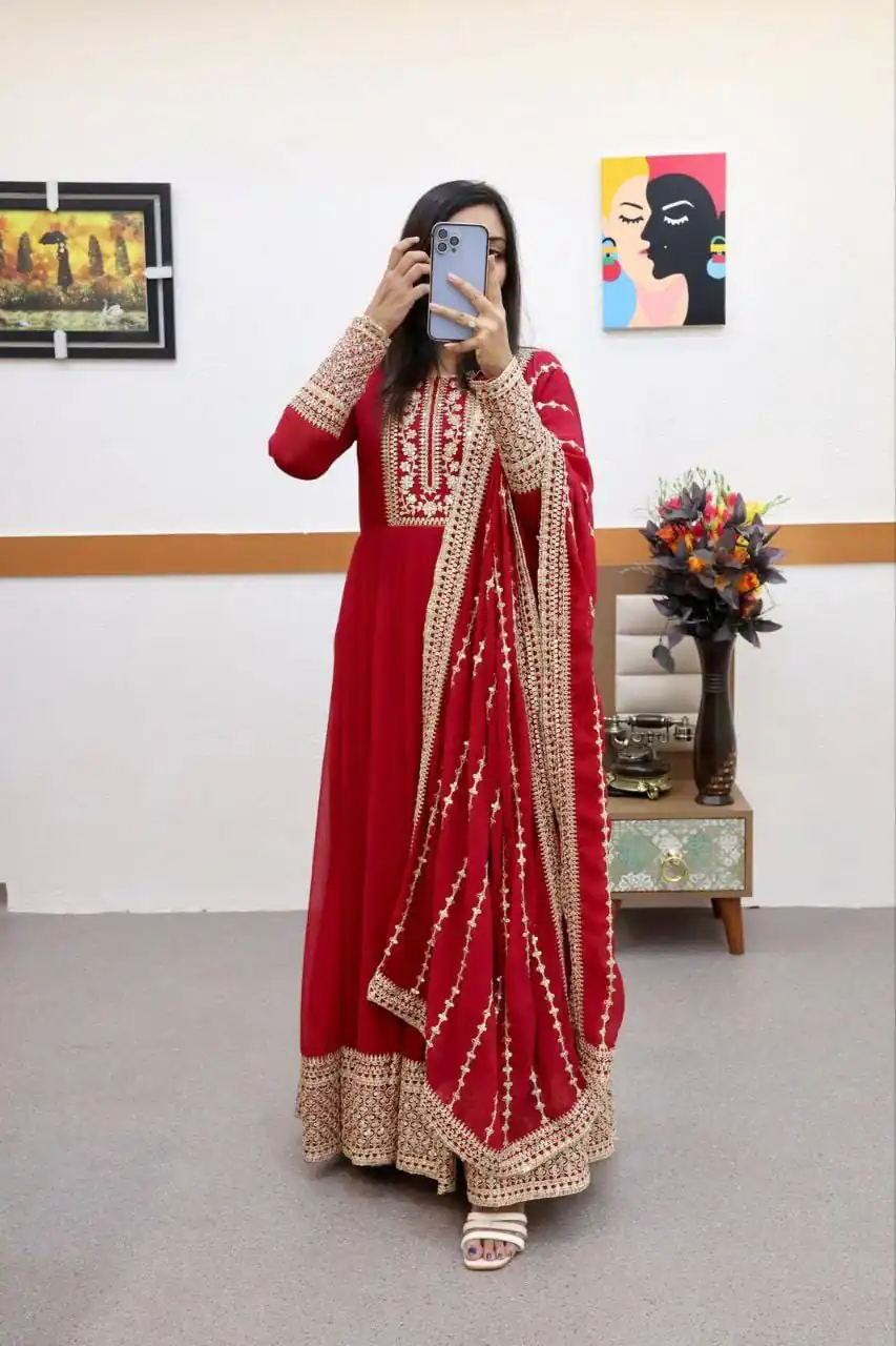 Pretty Red Fox Georgette Sequins Work Gown - Image 2