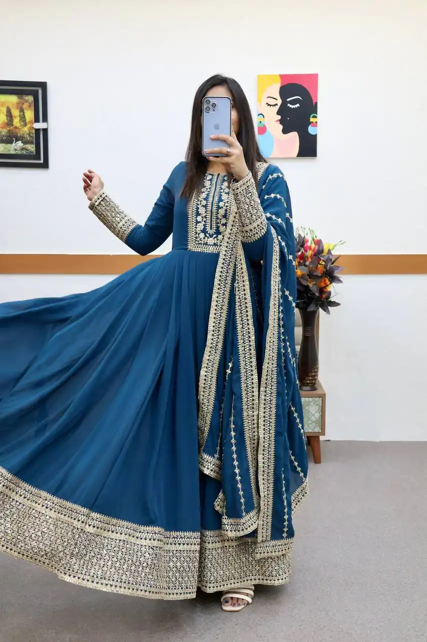 Pretty Teal Fox Georgette Sequins Work Gown