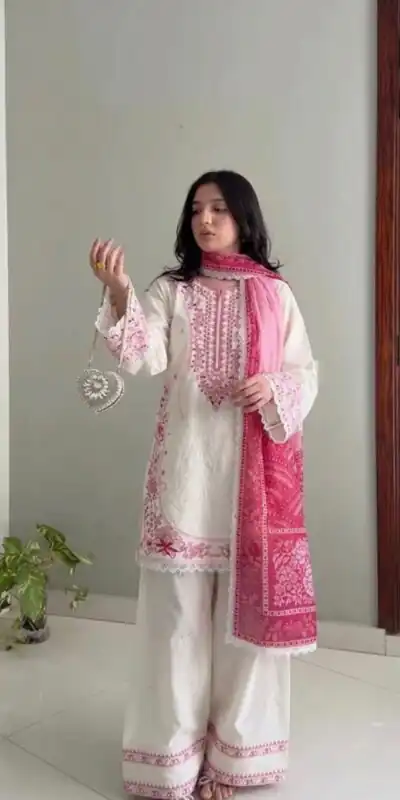 Alternative view of Pretty White Satin Rayon Embroidery Digital Print Salwar Suit