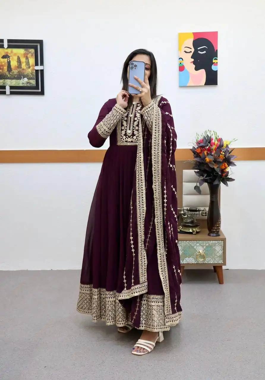 Pretty Wine Fox Georgette Sequins Work Gown
