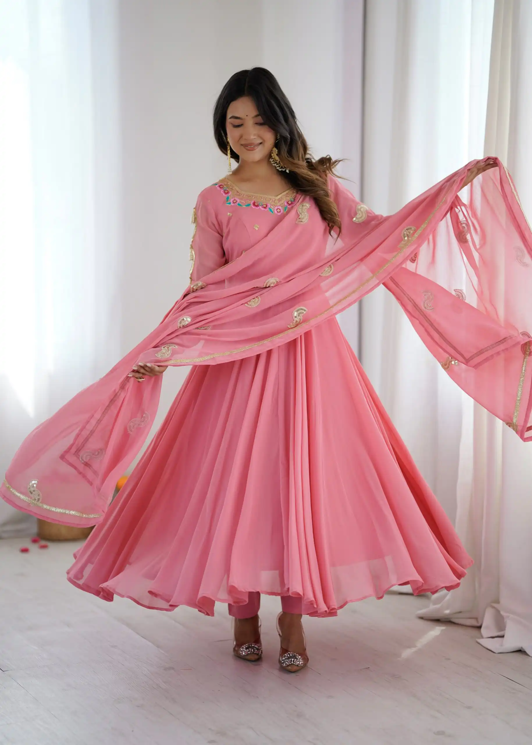 Shiny Dusty Pink Faux Georgette Sequins Work Gown - Image 2